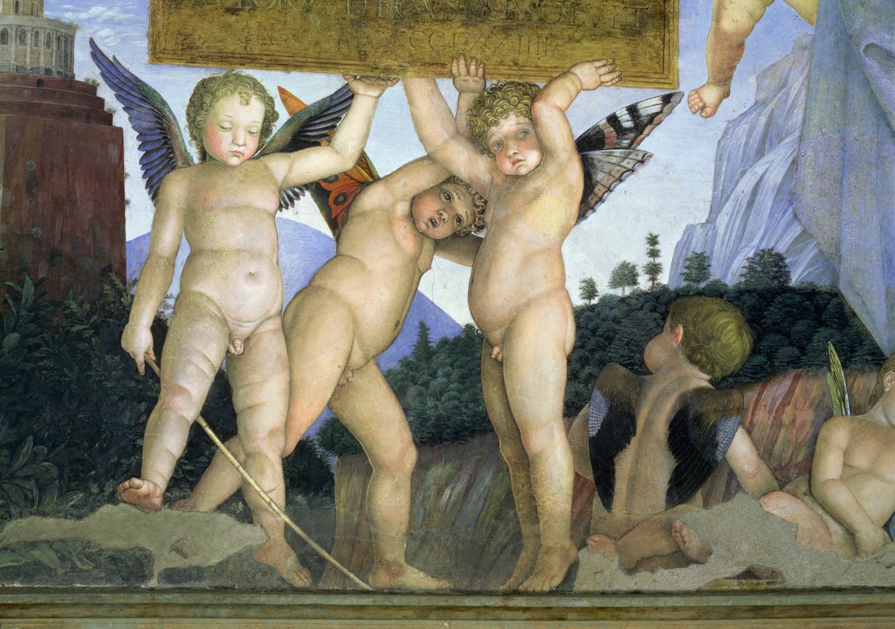 Putti med fjärilsvingar som stödjer den dedikerande plaketten, från Camera degli Sposi eller Camera Picta, 1465-74 freskdetalj av 78449 av Andrea Mantegna
