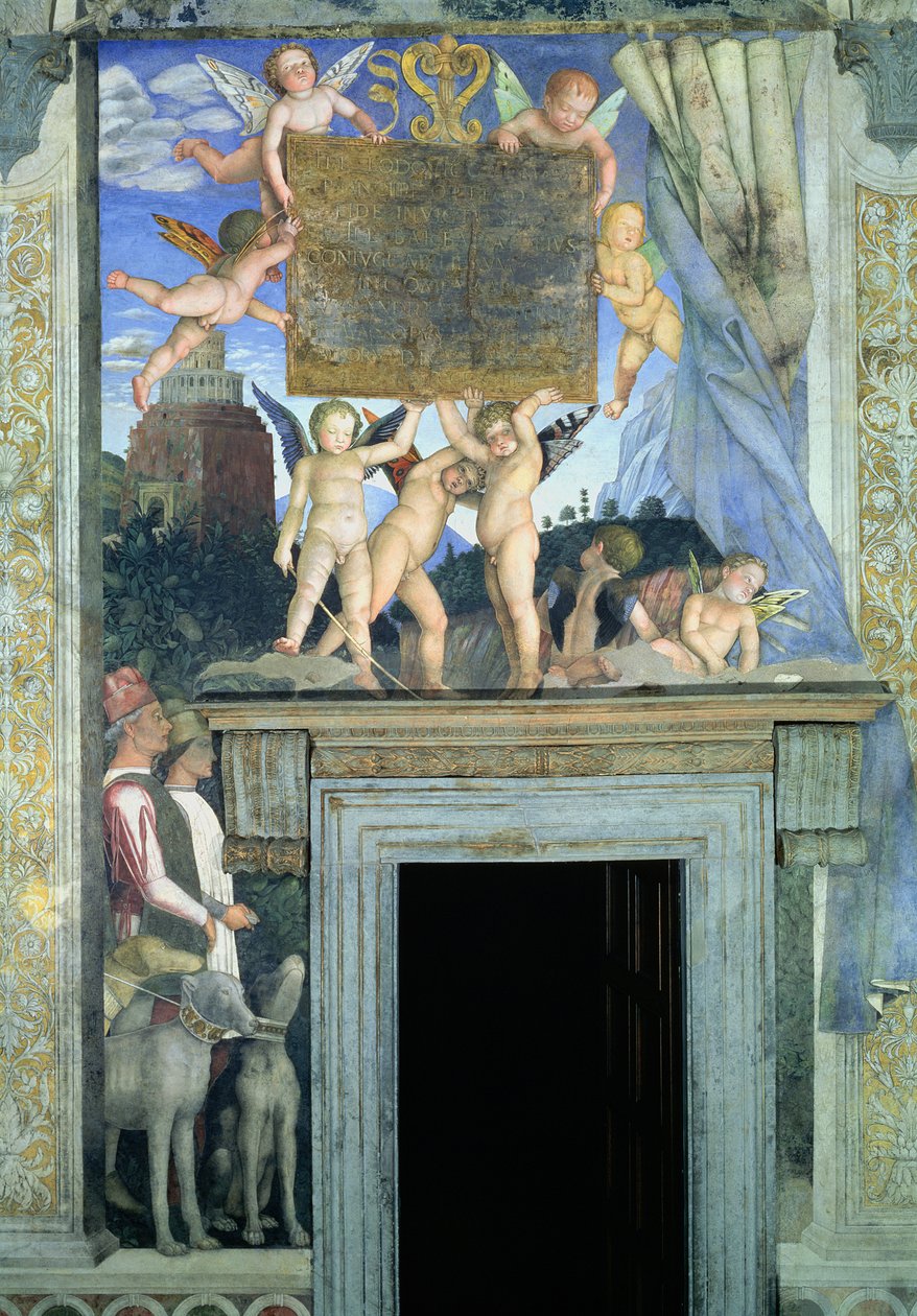 Putti med fjärilsvingar som stödjer den dedikerande plaketten med jakthundar och deras förare nedan, från Camera degli Sposi eller Camera Picta, 1465-74 freskdetalj av 78449 av Andrea Mantegna