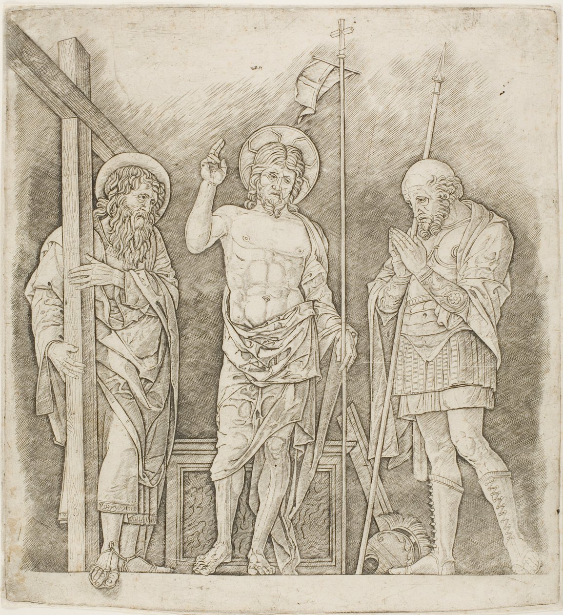 Uppstånden Kristus mellan de heliga Andreas och Longinus av Andrea Mantegna