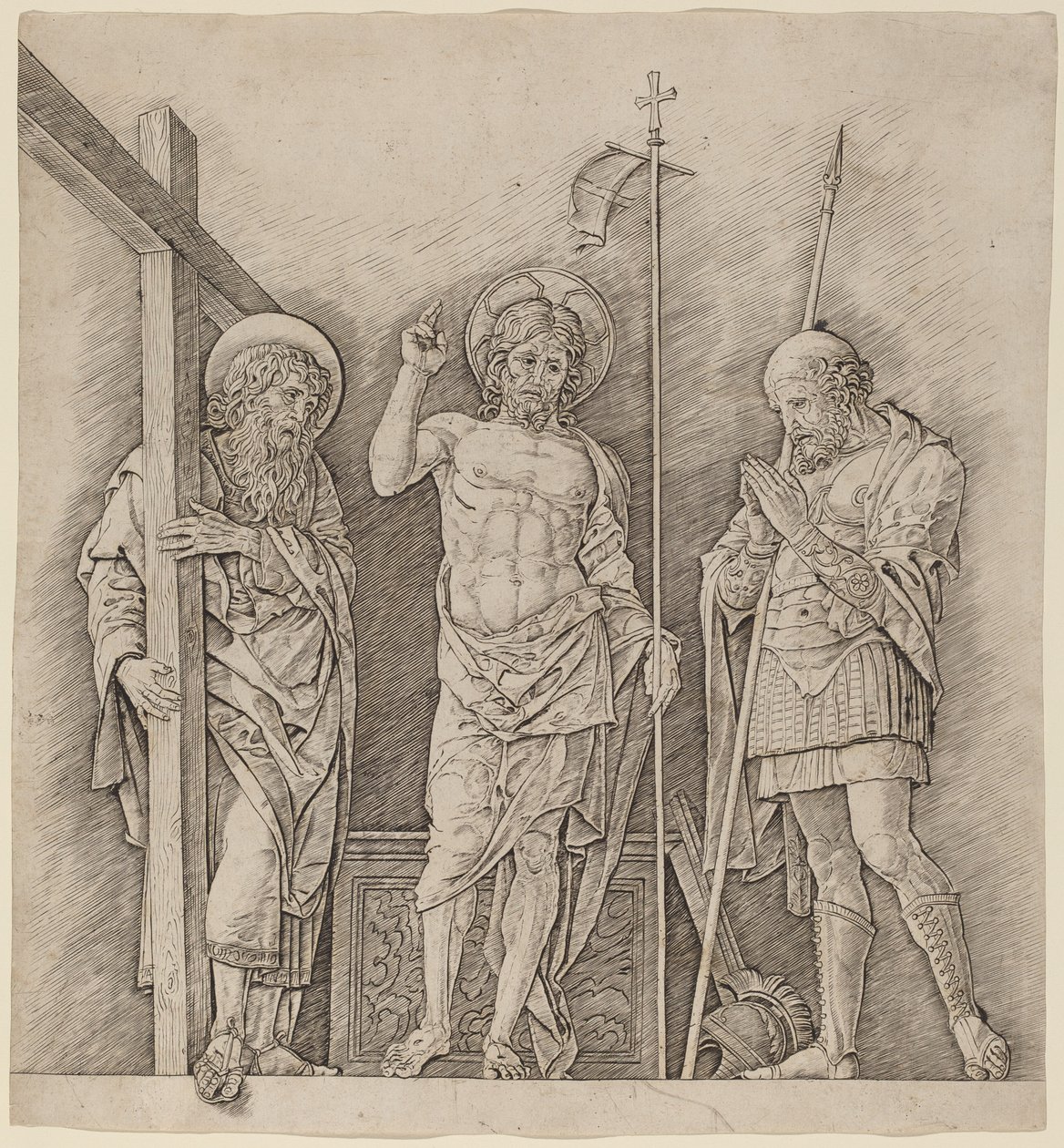 Uppstånden Kristus mellan de heliga Andreas och Longinus av Andrea Mantegna