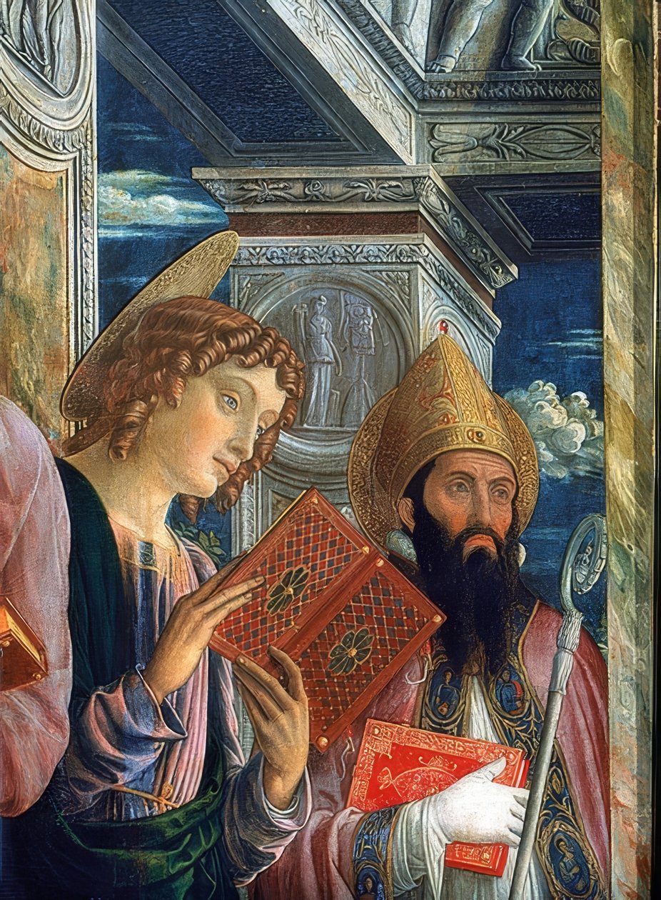 San Zeno altare. Detalj av vänster sida. 1457-1460. På bilden syns evangelisten Johannes och Zenon från Verona av Andrea Mantegna