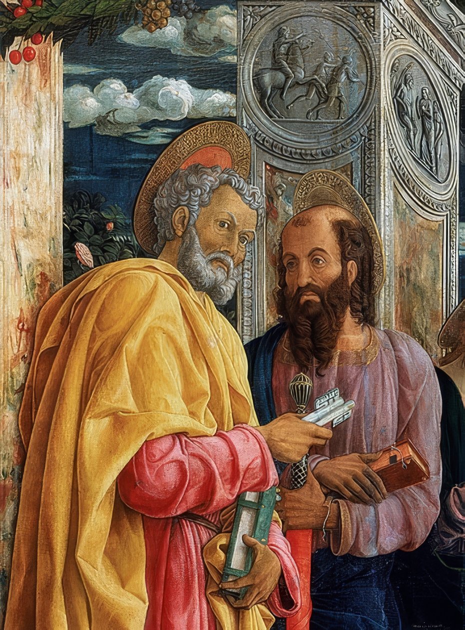 San Zeno altare. Detalj av vänster sida. 1457-1460. På bilden är Simon Petrus och Paulus från Tarsus av Andrea Mantegna