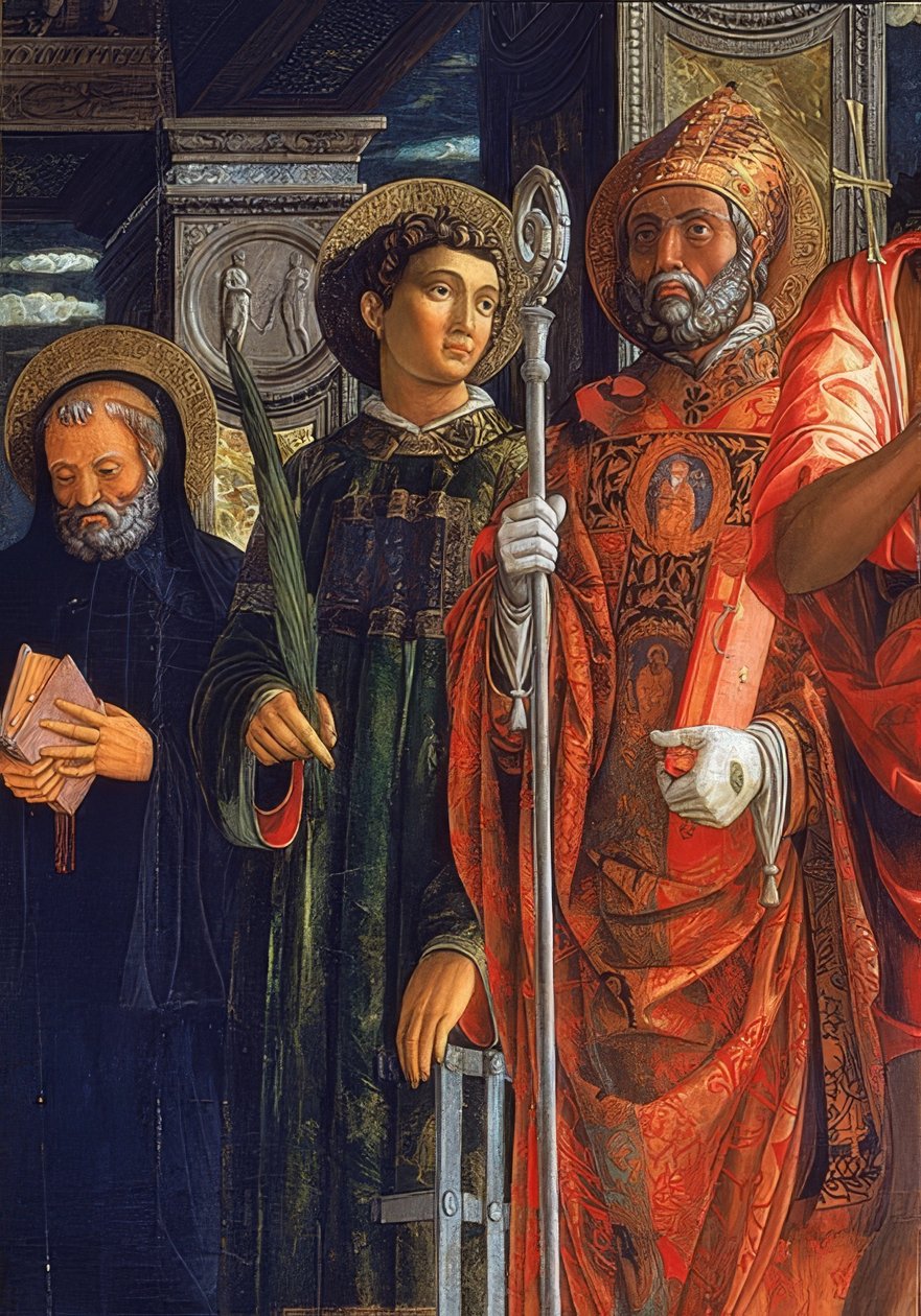 San Zeno altare. Detalj av höger sida. 1457-1460. Detaljen visar Augustinus av Hippo, Lawrence av Rom och Benedictus av Nursia av Andrea Mantegna