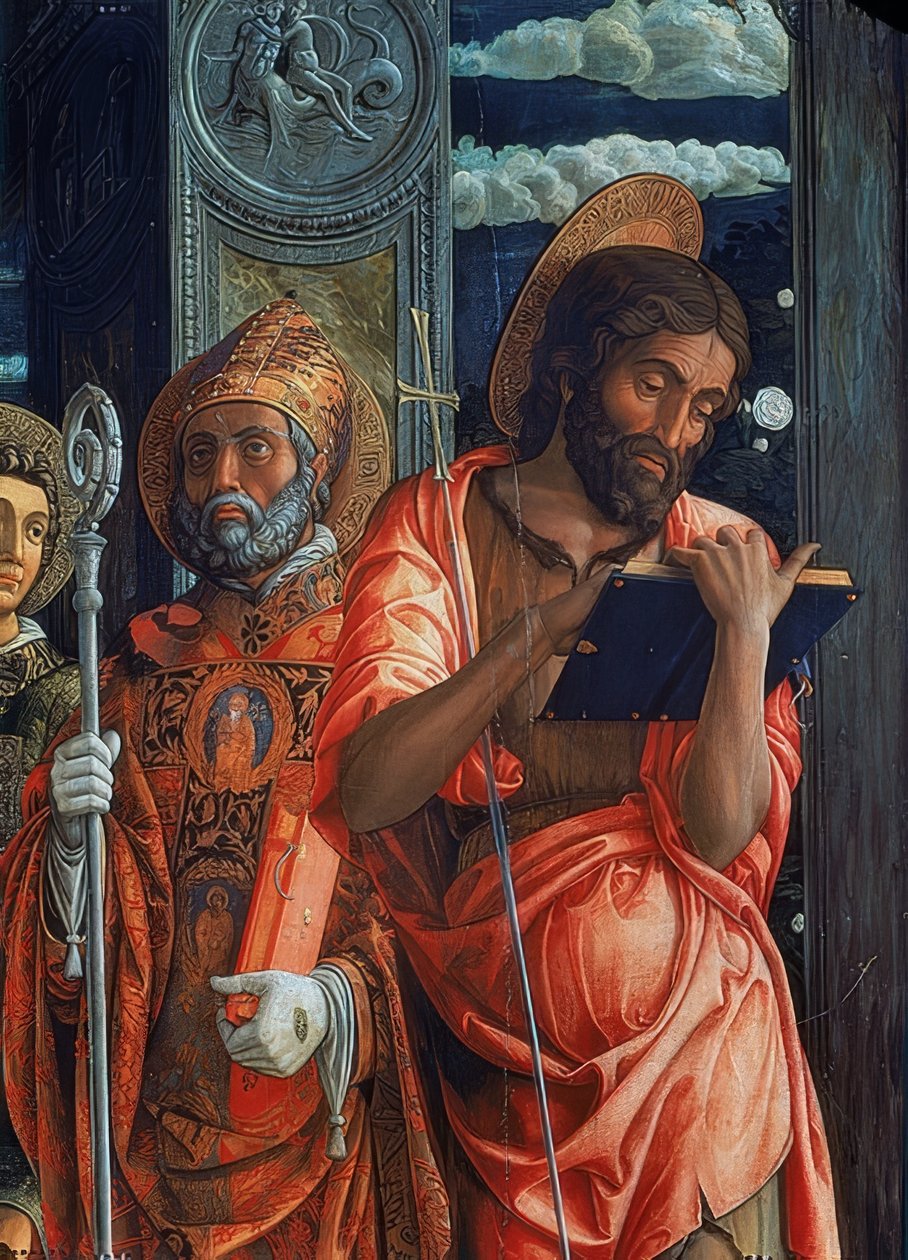 San Zeno altare. Detalj av höger sida. 1457-1460. Detaljen visar Johannes Döparen och Augustinus från Hippo av Andrea Mantegna