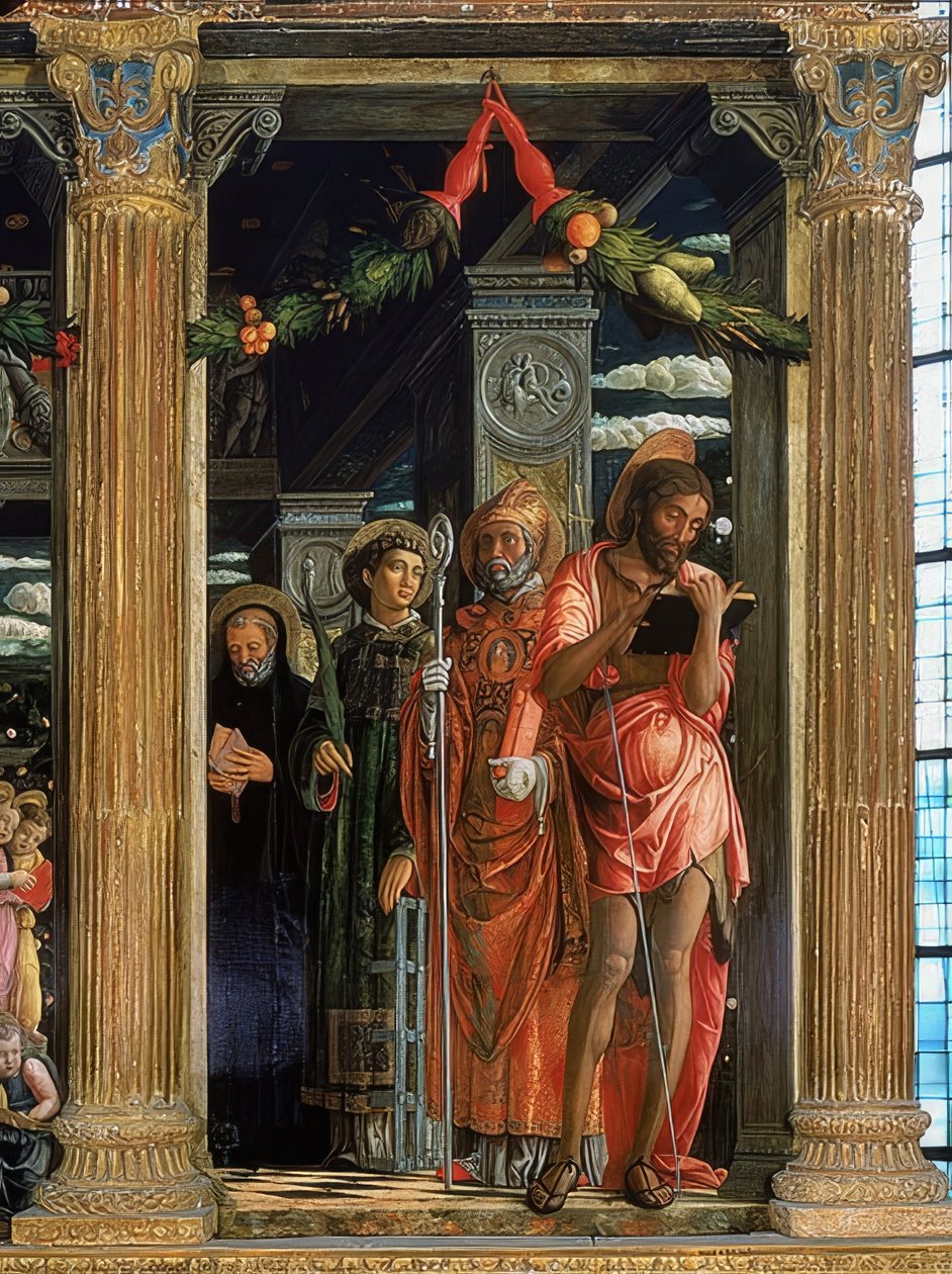 San Zeno altare. Höger sida. 1457-1460. Detaljen visar Johannes Döparen, Lawrence av Rom, Augustinus av Hippo och Benedictus av Nursia av Andrea Mantegna