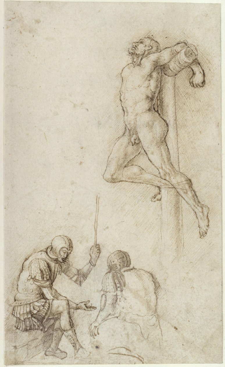 Rövare på korset, med två soldater nedanför som spelar tärning av Andrea Mantegna