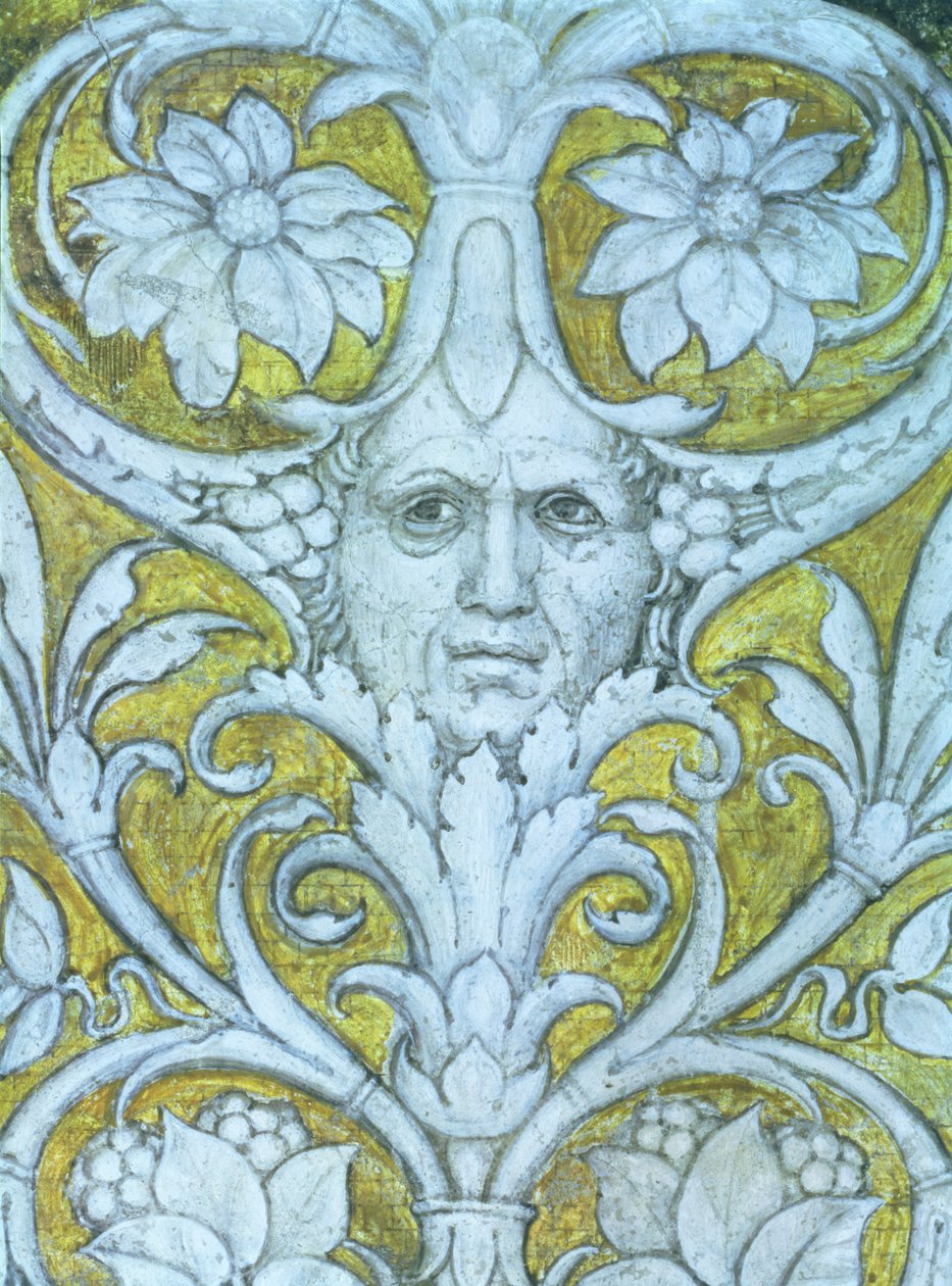 Självporträtt inkorporerat i den dekorativa frisen av Camera degli Sposi eller Camera Picta, 1465-74 freskdetalj av 78449 av Andrea Mantegna