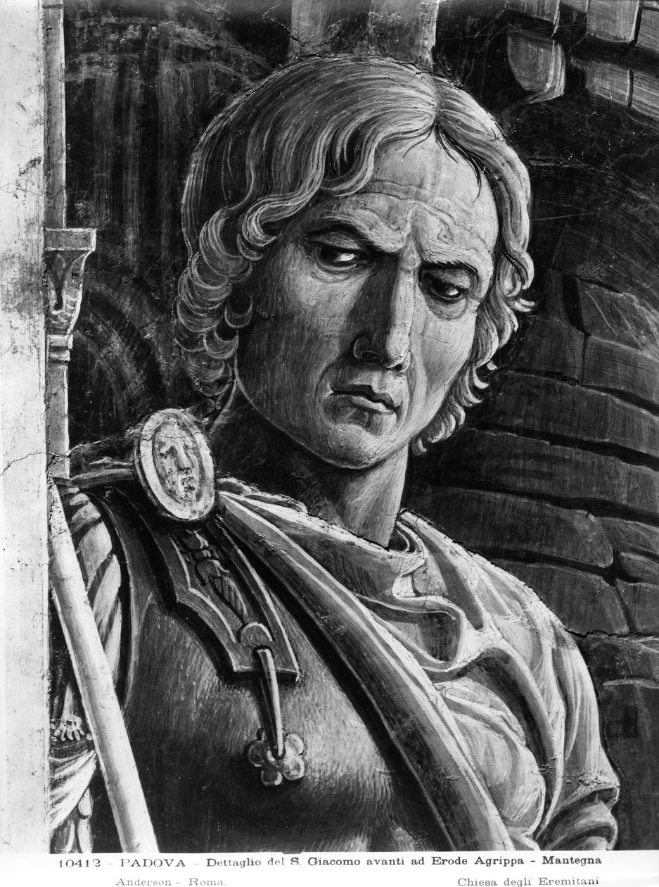 St. Jakob den store ställde inför kung Herodes Agrippa, detalj av en soldat (fresk) (s/v foto) av Andrea Mantegna