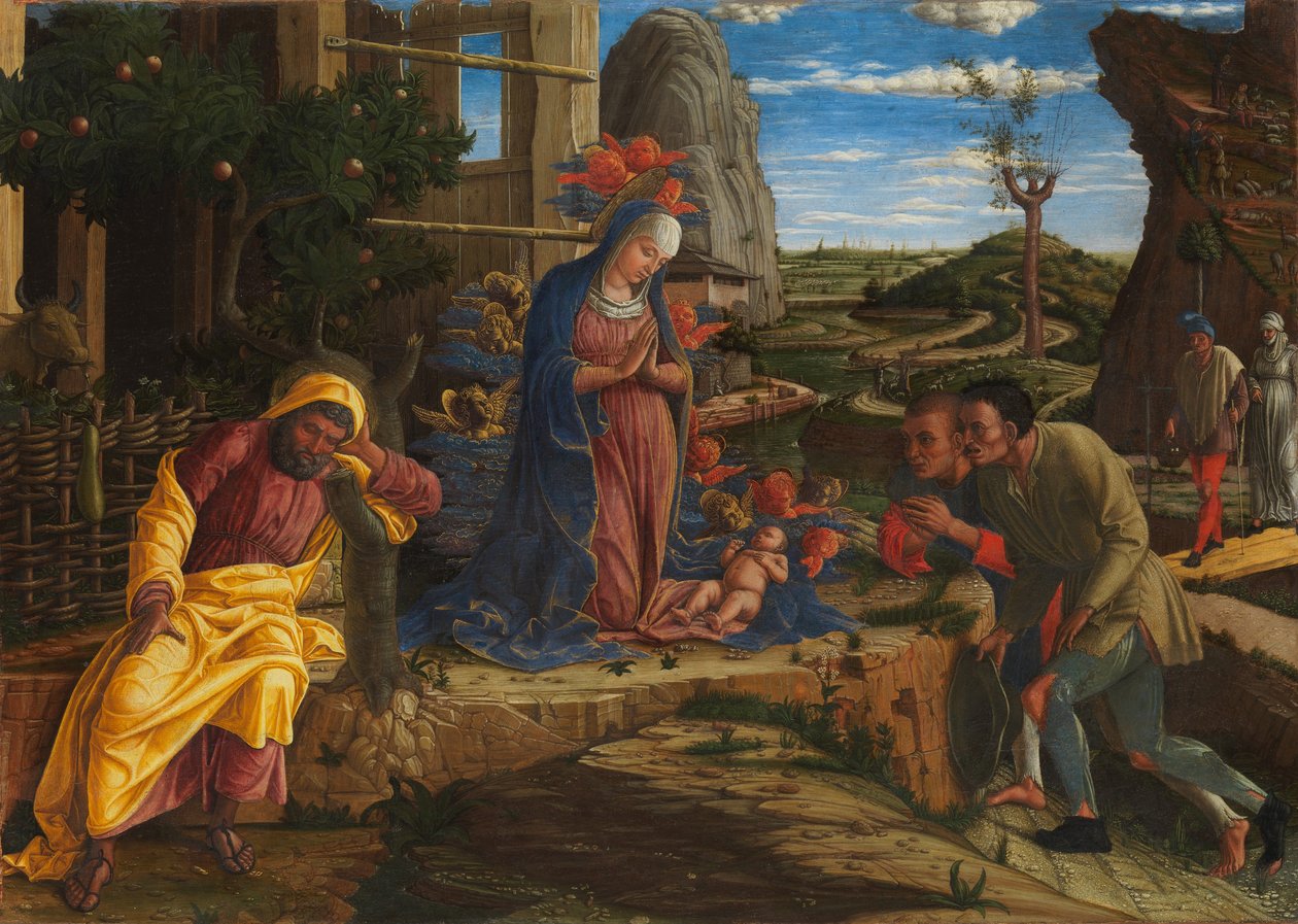 The Adoration of the Shepherds, c.1450 (tempera på duk, överförd från trä) av Andrea Mantegna