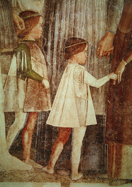 Ankomsten av kardinal Francesco Gonzaga, hälsad av sin far Marchese Ludovico Gonzaga III och hans bröder, detalj av Gonzague-barnen, ca. 1465-74 (uppgift om 78454) av Andrea Mantegna