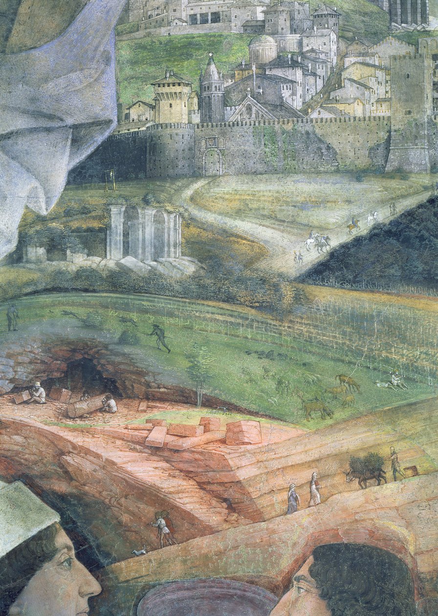 Kardinal Francesco Gonzagas ankomst; marmorbrott och en idealiserad utsikt över Rom, från Camera degli Sposi eller Camera Picta, 1465-74 freskdetalj av 78449 av Andrea Mantegna