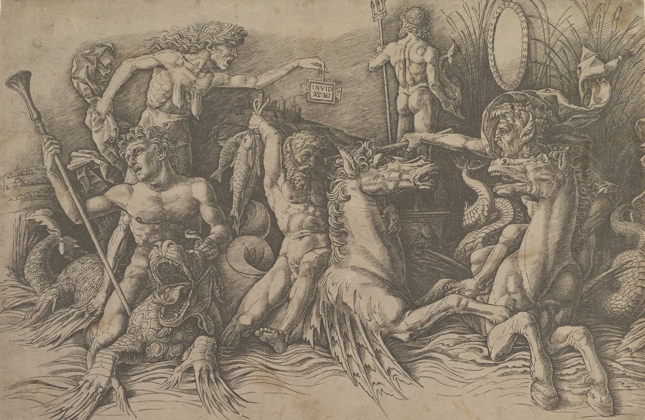 The Battle of the Sea Gods Vänster del av en fris, ca. 1485-88. av Andrea Mantegna