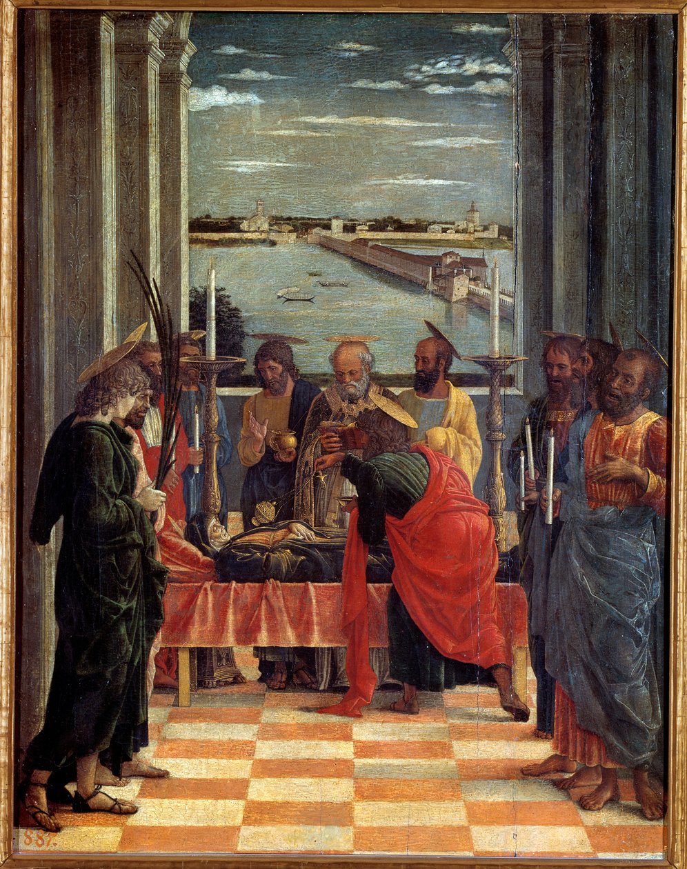 Jungfruns död Målning av Andrea Mantegna (1431-1506) 1461 Sön. 0,54x0,42 m Madrid, Pradomuseet - Jungfruns död. Målning av Andrea Mantegna (1431-1506) av Andrea Mantegna