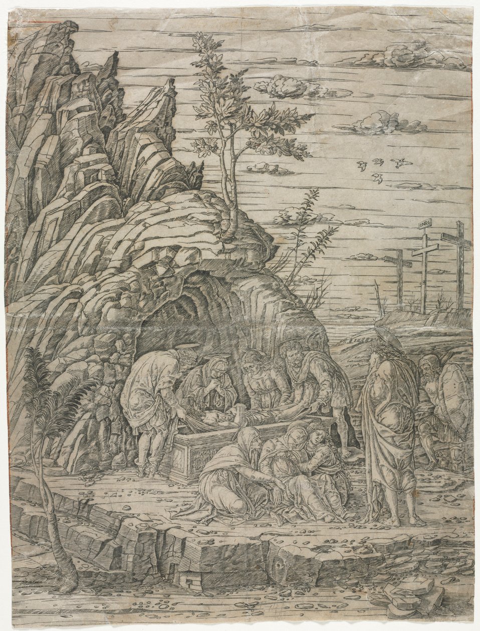 Gravläggningen med de fyra fåglarna. av Andrea Mantegna