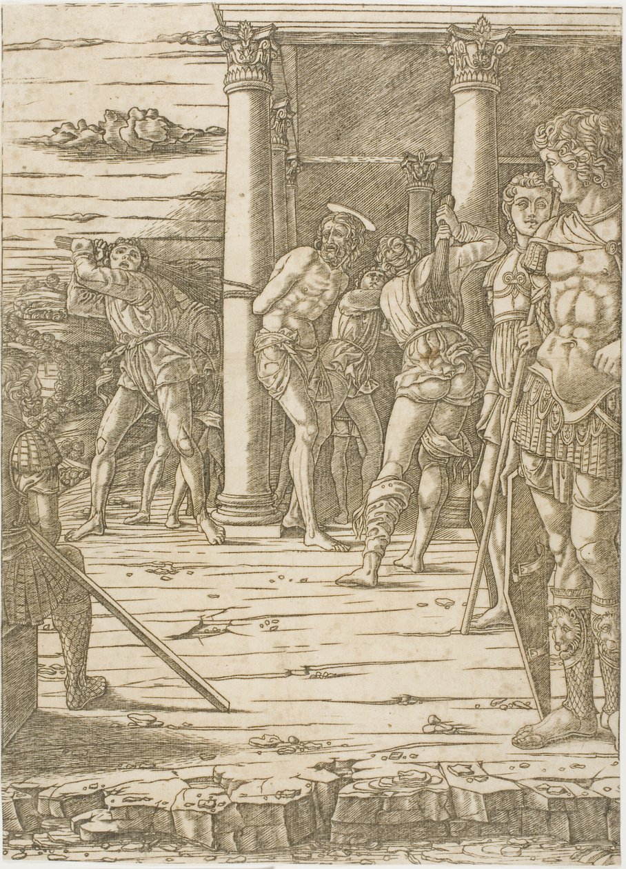 Kristi flagellation, med landskapets bakgrund av Andrea Mantegna