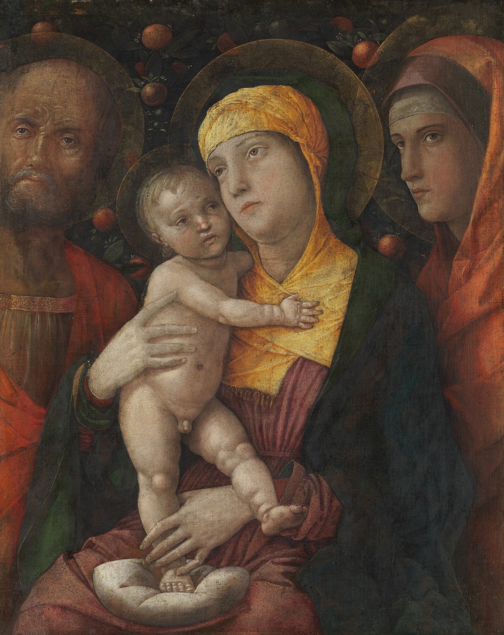 Den heliga familjen med Maria Magdalena, ca 1495-1500 (valpsjuka på duk) av Andrea Mantegna