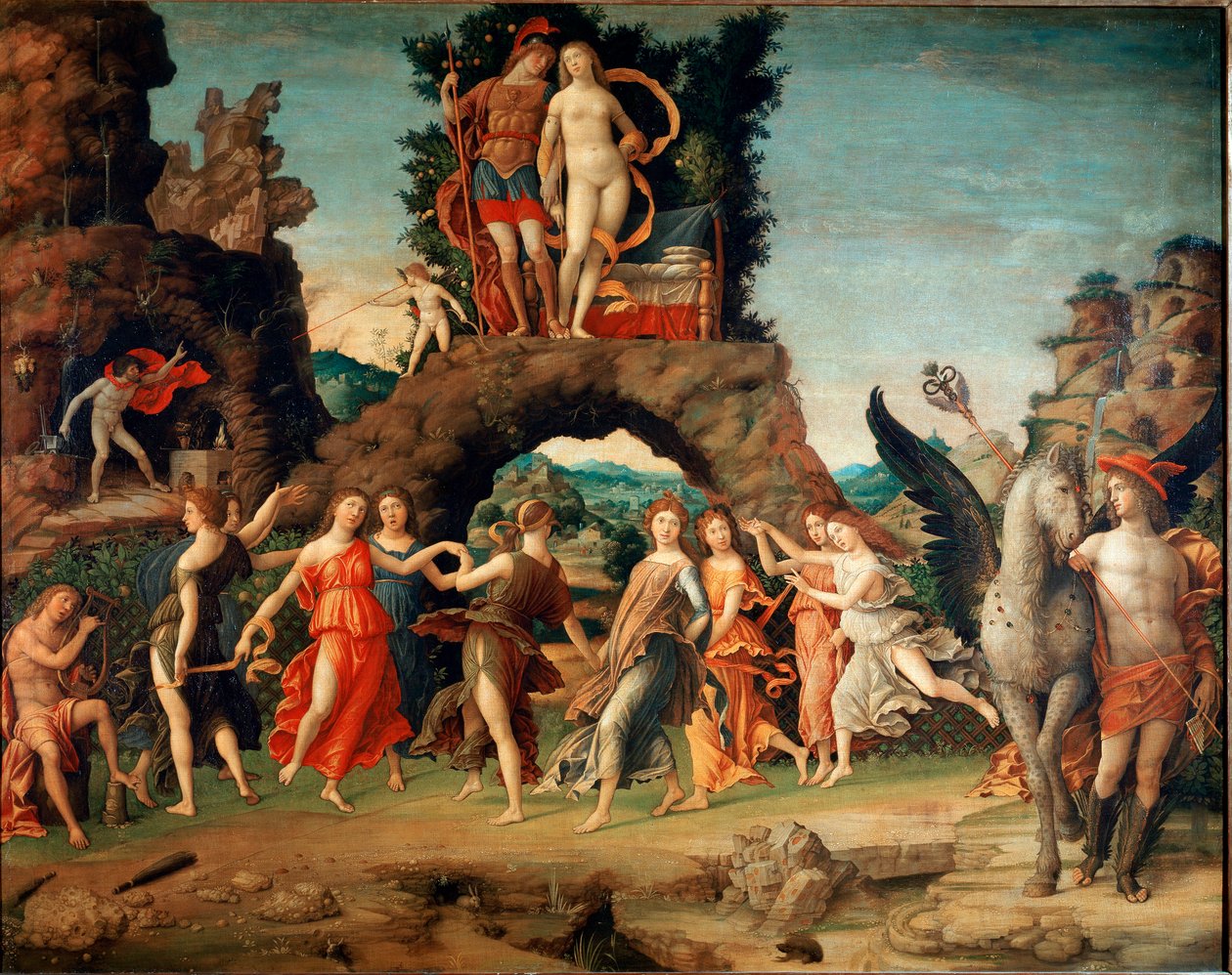 Parnassos (Apollon och niomuserna) (tempera och guld på duk av Andrea Mantegna