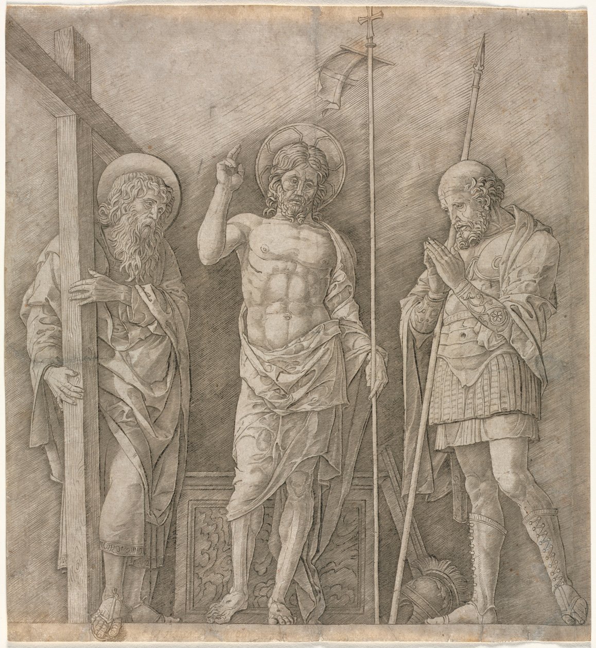 Den uppståndne Kristus mellan St Andrew och Longinus, tidigt 1470-tal. av Andrea Mantegna