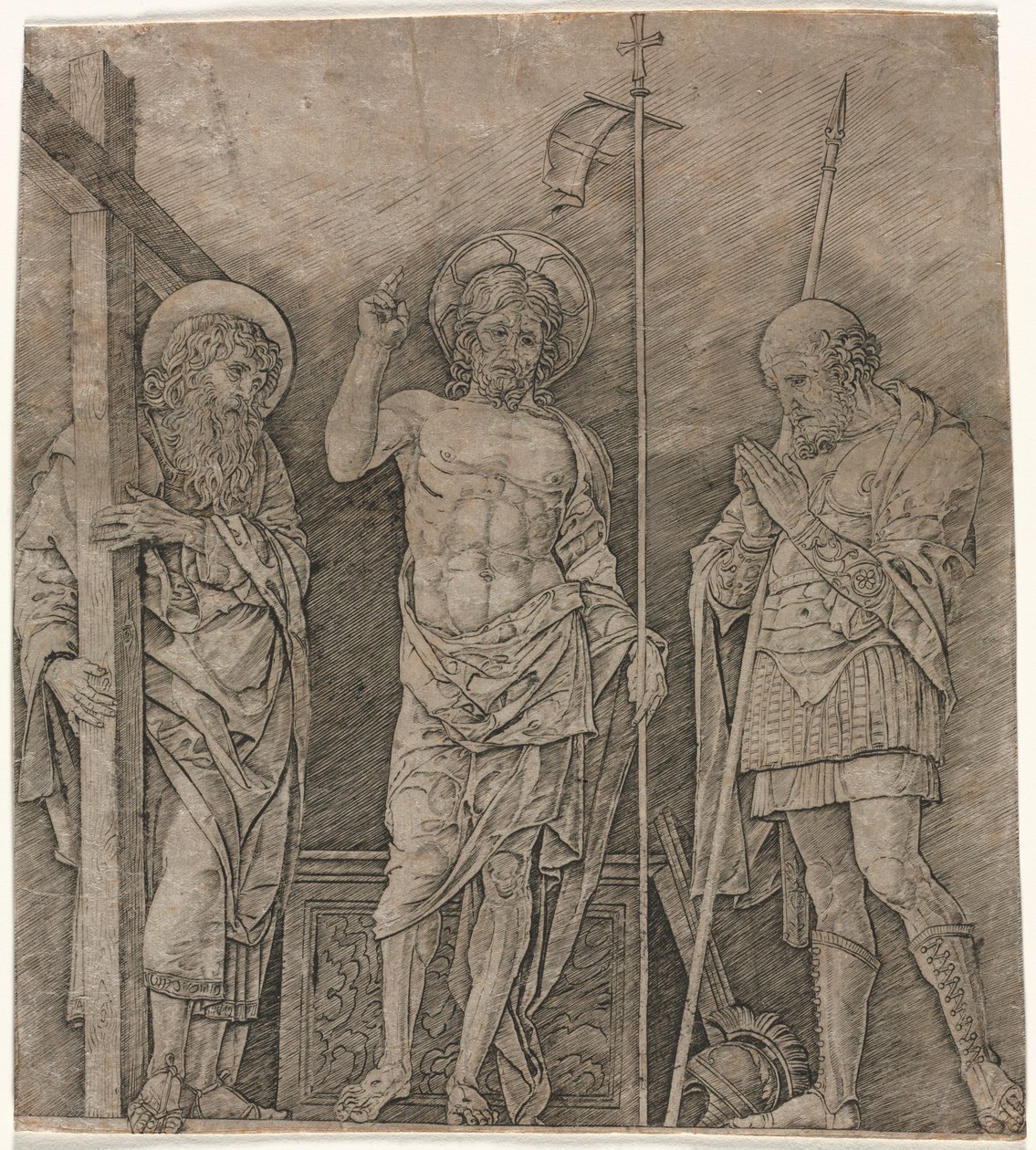 Den uppståndne Kristus mellan St Andrew och Longinus, tidigt 1470-tal. av Andrea Mantegna