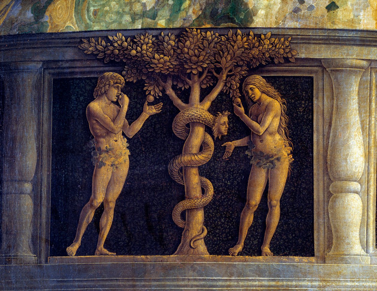 Jungfrun och barnet omgiven av sex heliga och dyrkade av markisen av Mantua, Francois II de Gonzaga (Francesco II Gonzaga) (1466-1519) känd som Segerns jungfru”” (Pala della Vittoria) (Madonna della Vittoria)” Detalj som representerar temptan av Andrea Mantegna