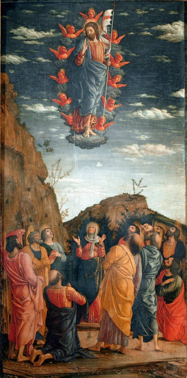 Uppstigningen. Målning av Andrea Mantegna (1431-1506) av 1460. 86x42,5 cm. Firenze, Galleria degli Uffizi. - Kristi himmelsfärd, av Andrea Mantegna (1431-1506). Tempera på trä, 86x42,5 cm av Andrea Mantegna