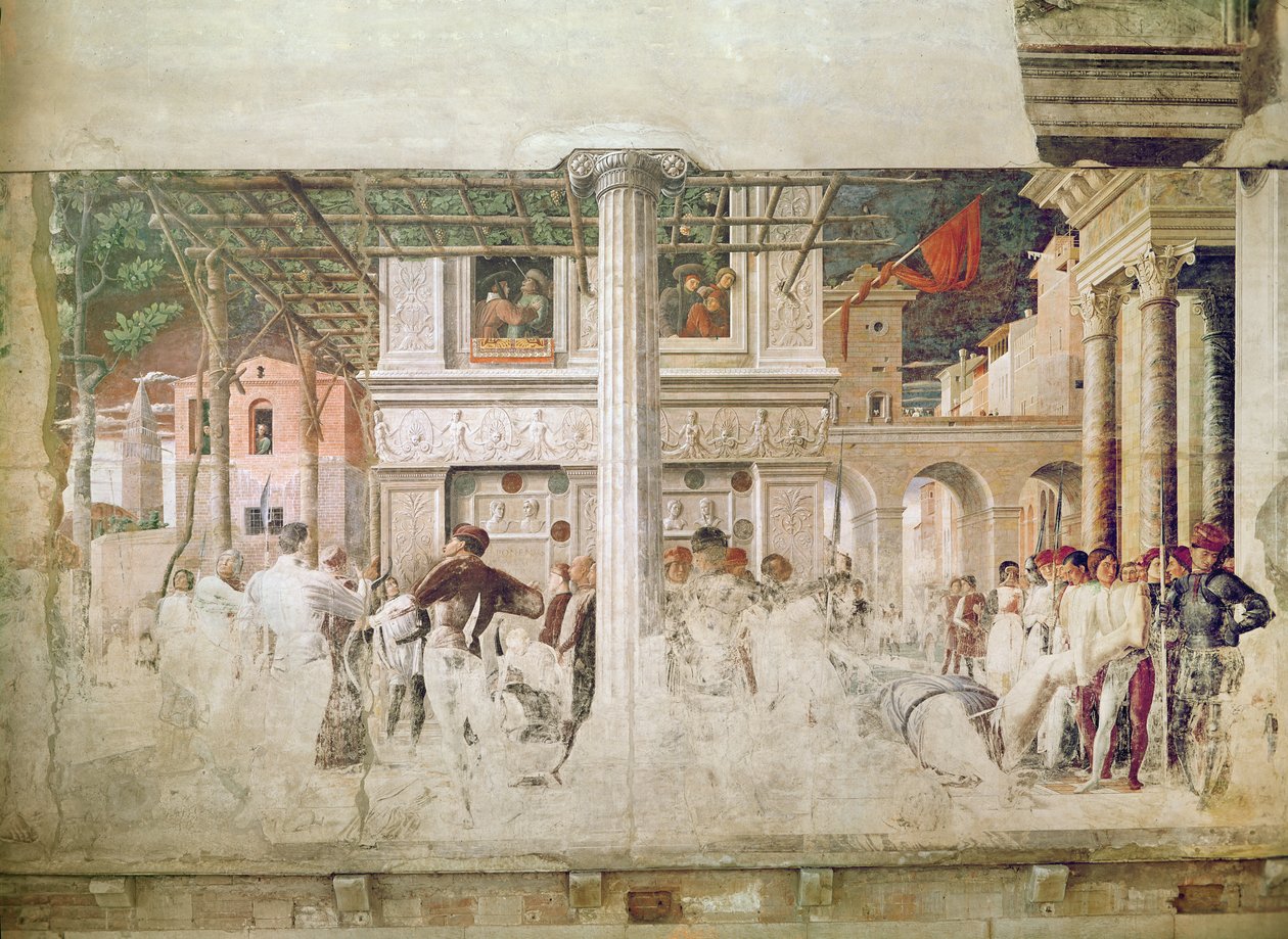 Sankt Christophers martyrskap och förflyttningen av hans kropp (före restaurering), c.1450-56 av Andrea Mantegna