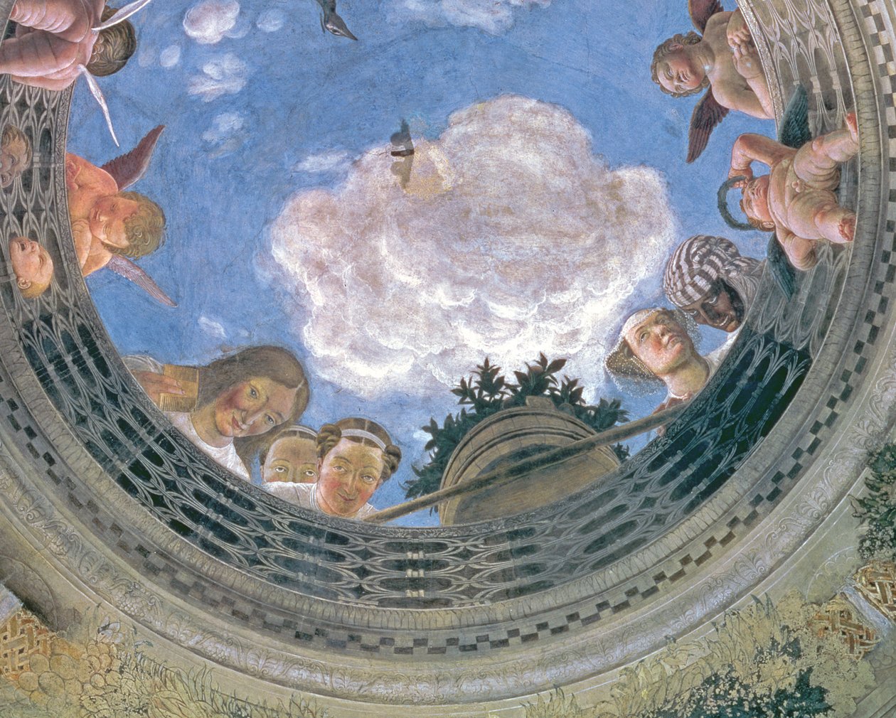 Trompe loeil oculus i mitten av det välvda taket på Camera degli Sposi eller Camera Picta, 1465-74 freskdetalj av 72245 av Andrea Mantegna
