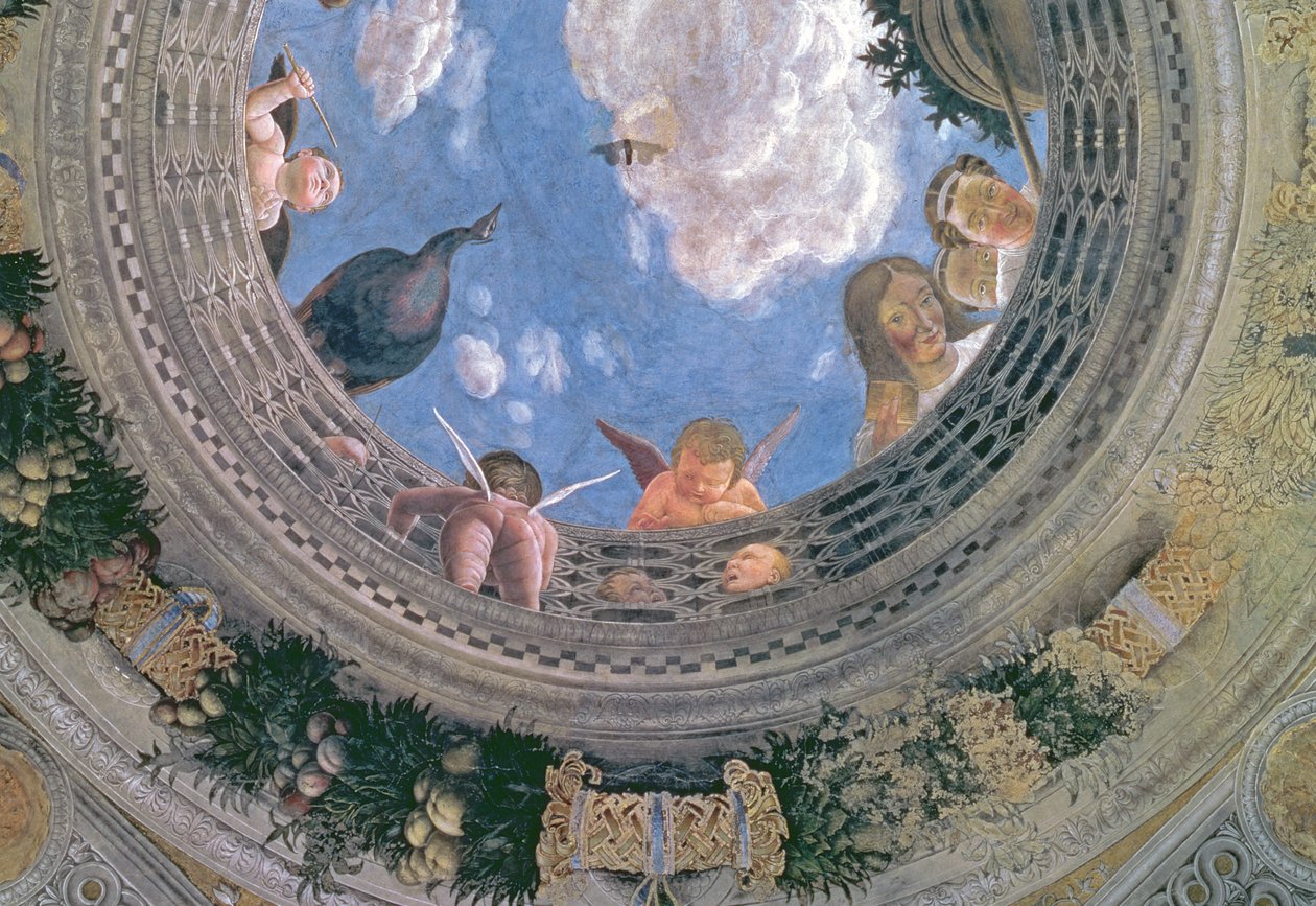 Trompe loeil oculus i mitten av det välvda taket på Camera degli Sposi eller Camera Picta, 1465-74 freskdetalj av 72245 av Andrea Mantegna