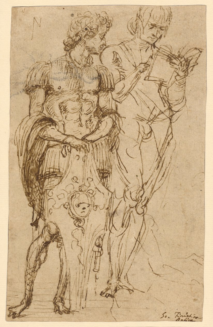 Två stående mansfigurer (recto); En liggande man och andra studier (verso) av Andrea Mantegna