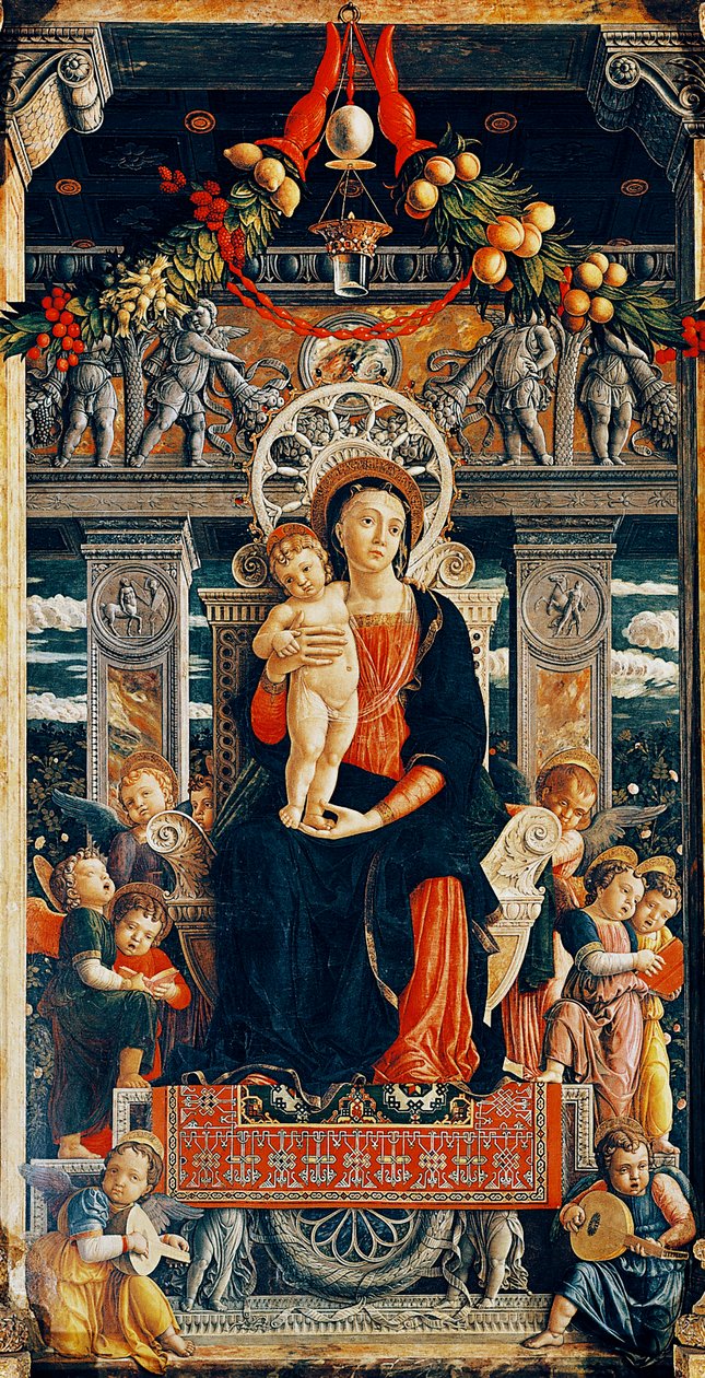 Jungfru tronar, detalj från centrala delen av San Zeno altartavla av Andrea Mantegna (1431-1506), trä, 220x115 cm, Basilica of San Zeno, Verona av Andrea Mantegna