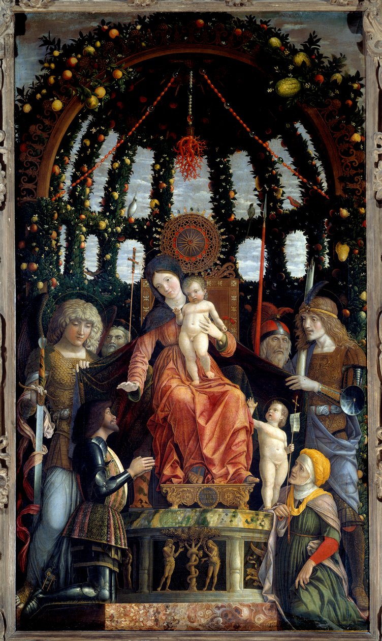 Virgin of Victory (Madonna of Victory). Jungfru Maria är representerad: St. Michael, St. George, St. Longin och St. Andrew. Målningens beskyddare, Markisen av Mantua, Francois II de Gonzague (Francis II Gonzaga) av Andrea Mantegna