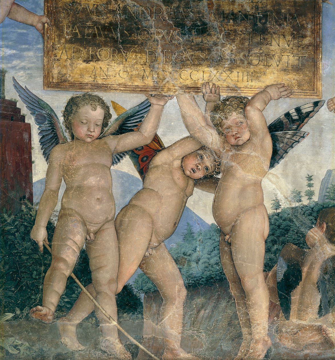 Bevingade keruber som håller invigningsplaketten, detalj från mötesväggen av Andrea Mantegna