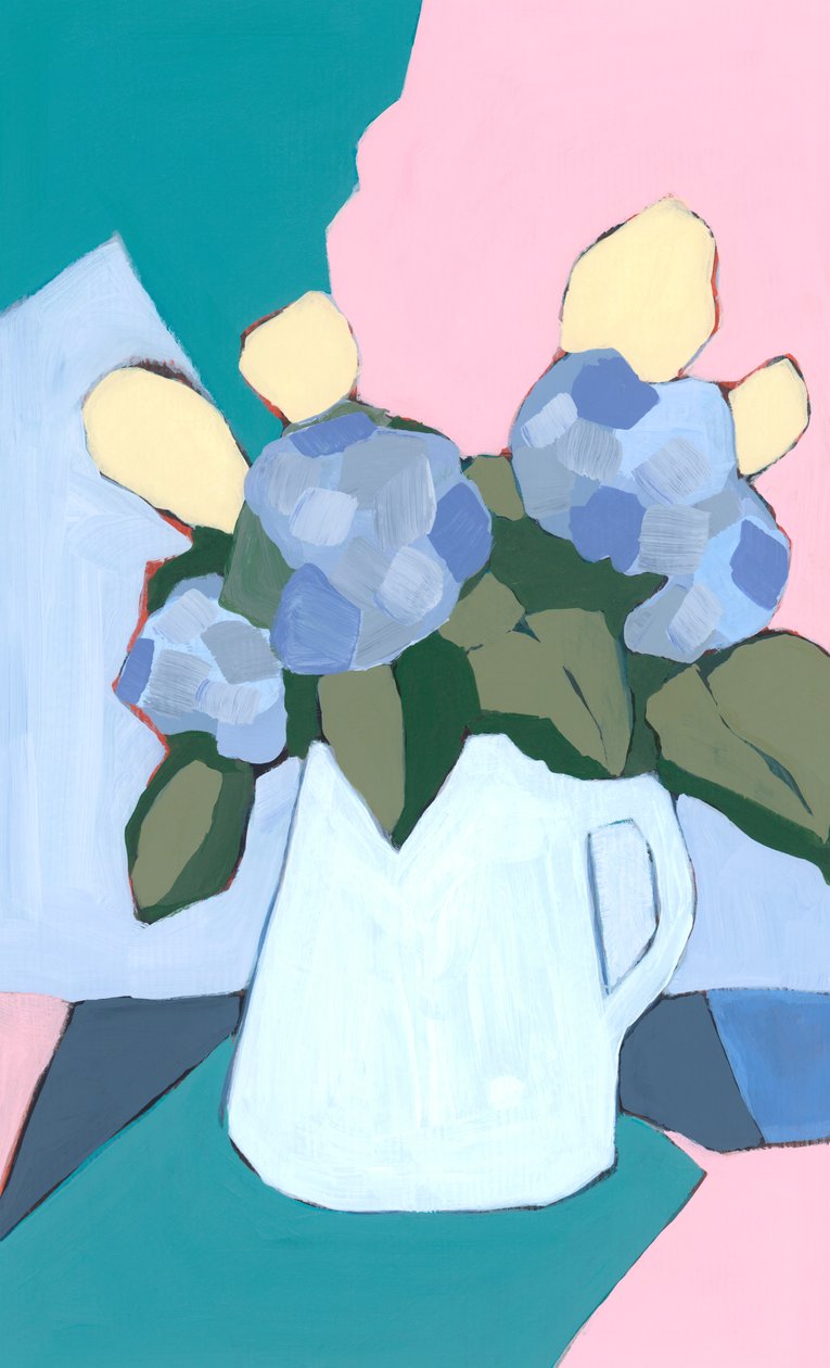 Hortensior till mamma, 2024 (akryl på papper) av Andrea Mejia