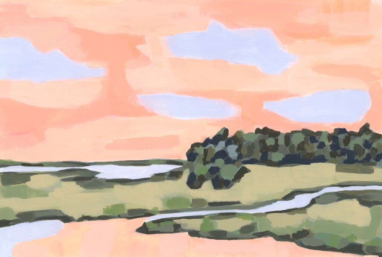 Persikohimmel och grön mark, 2023 (akryl på papper) av Andrea Mejia