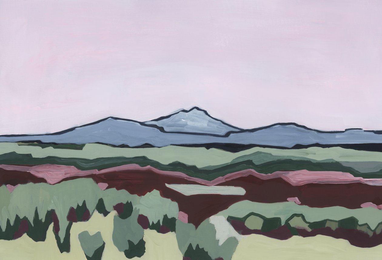 Pink sky and abtract land, 2024 (akryl på papper) av Andrea Mejia