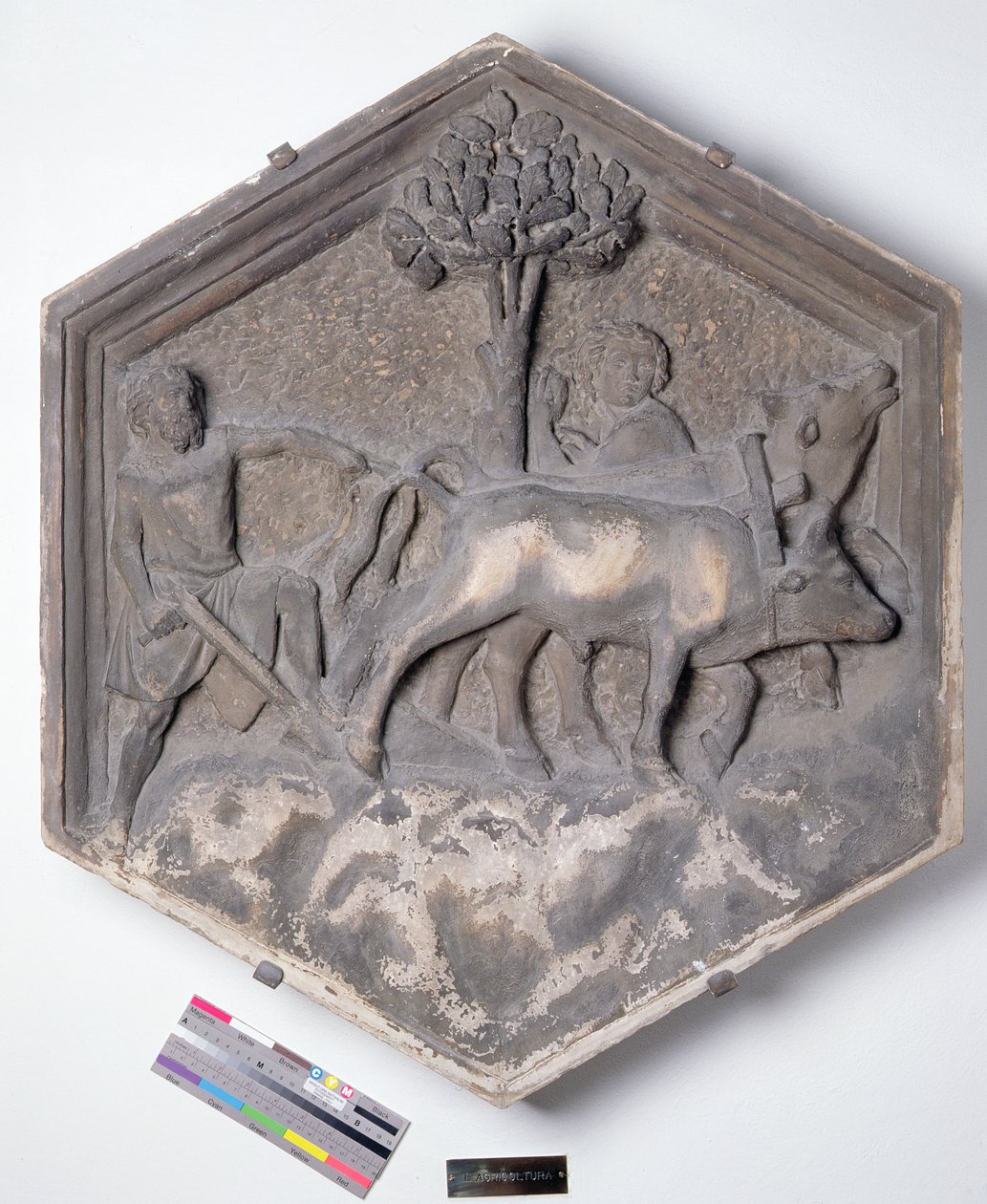 The Art of Agriculture, hexagonal dekorativ reliefplatta från en serie som föreställer utövarna av konst och vetenskap, möjligen baserad på design av Giotto (ca 1266-1337) ca 1334-1348 (marmor) av Andrea Pisano