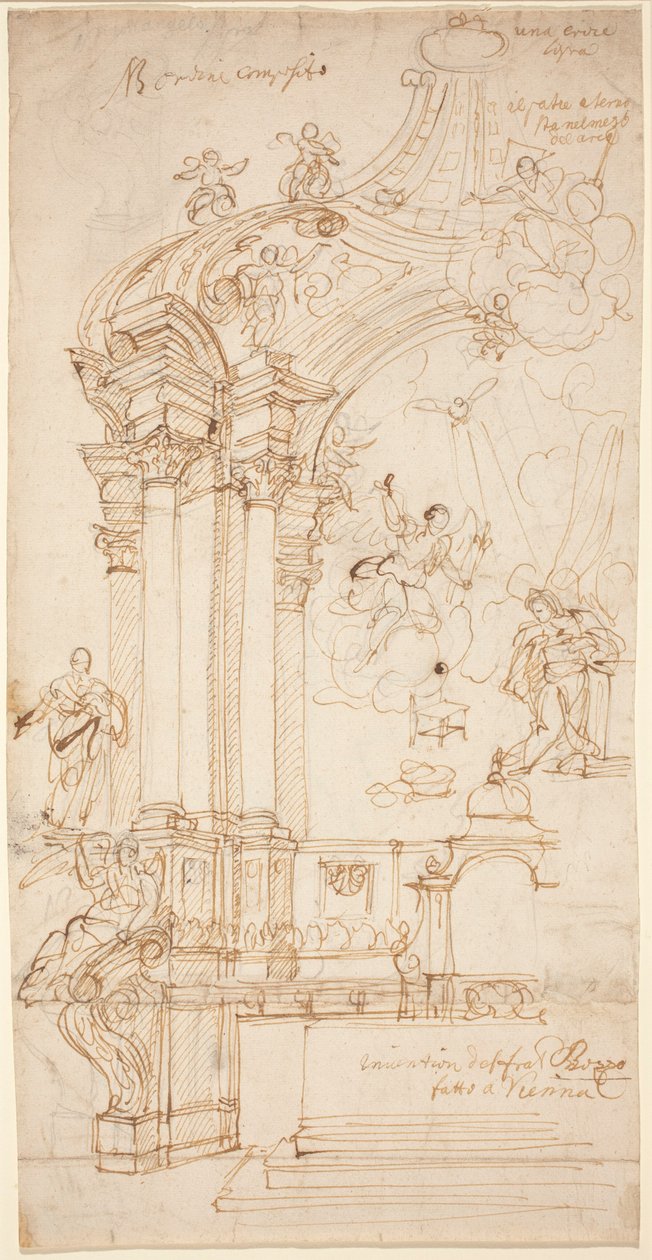 En Baldachin med en målning av bebådelsen, ca 1708 eller senare (tuschteckning) av Andrea Pozzo