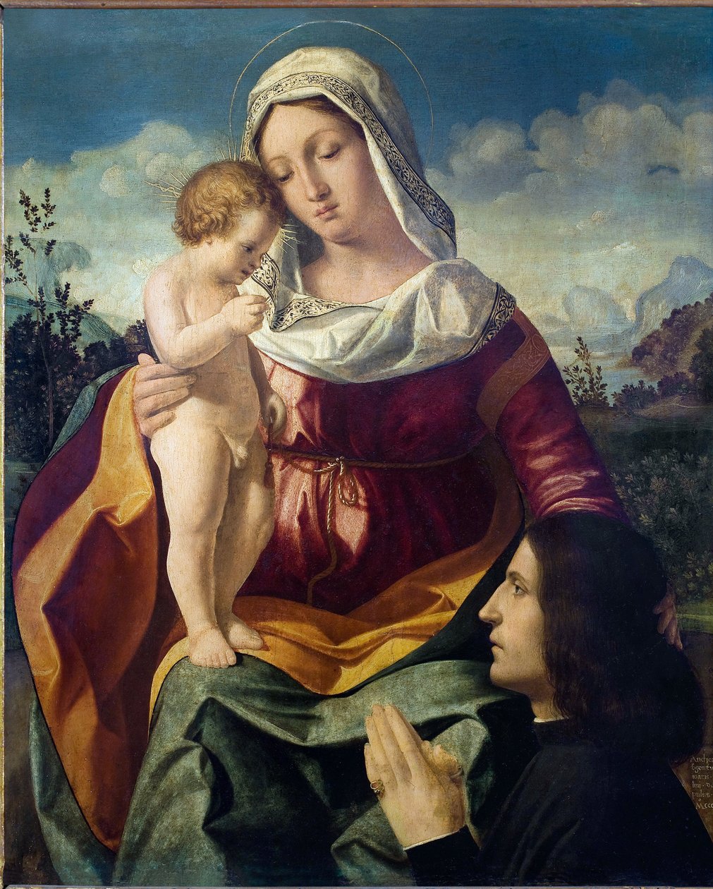 Jungfrun och barnet, med en donator - Målning av Andrea Previtali (cirka 1480-1528), olja på duk av Andrea Previtali