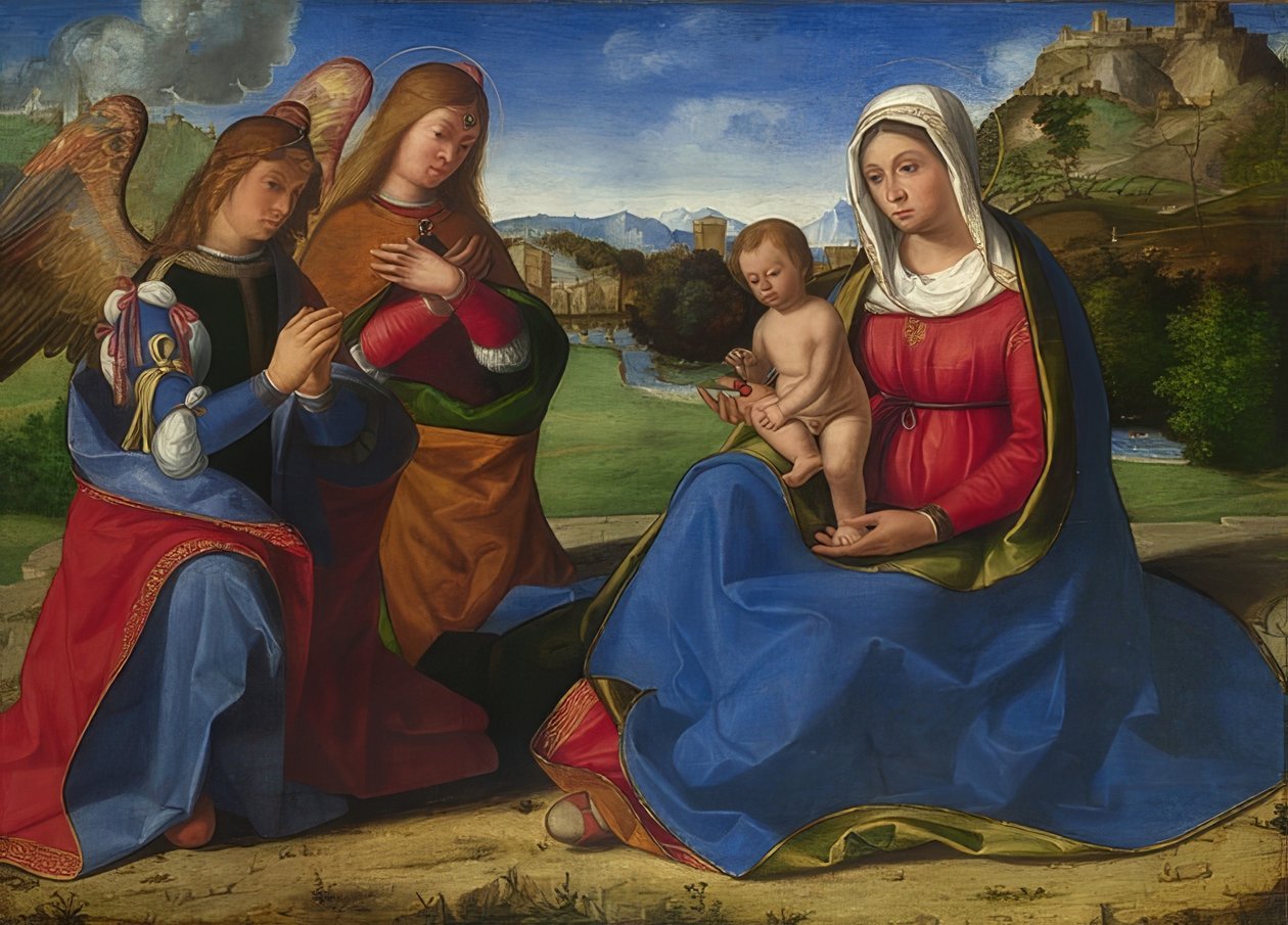 Madonna och barn älskade av två änglar. Omkring 1505 av Andrea Previtali