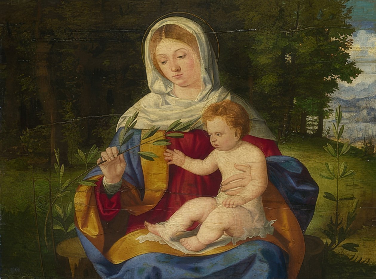 Madonna och barn med olivgren. omkring 1515 av Andrea Previtali