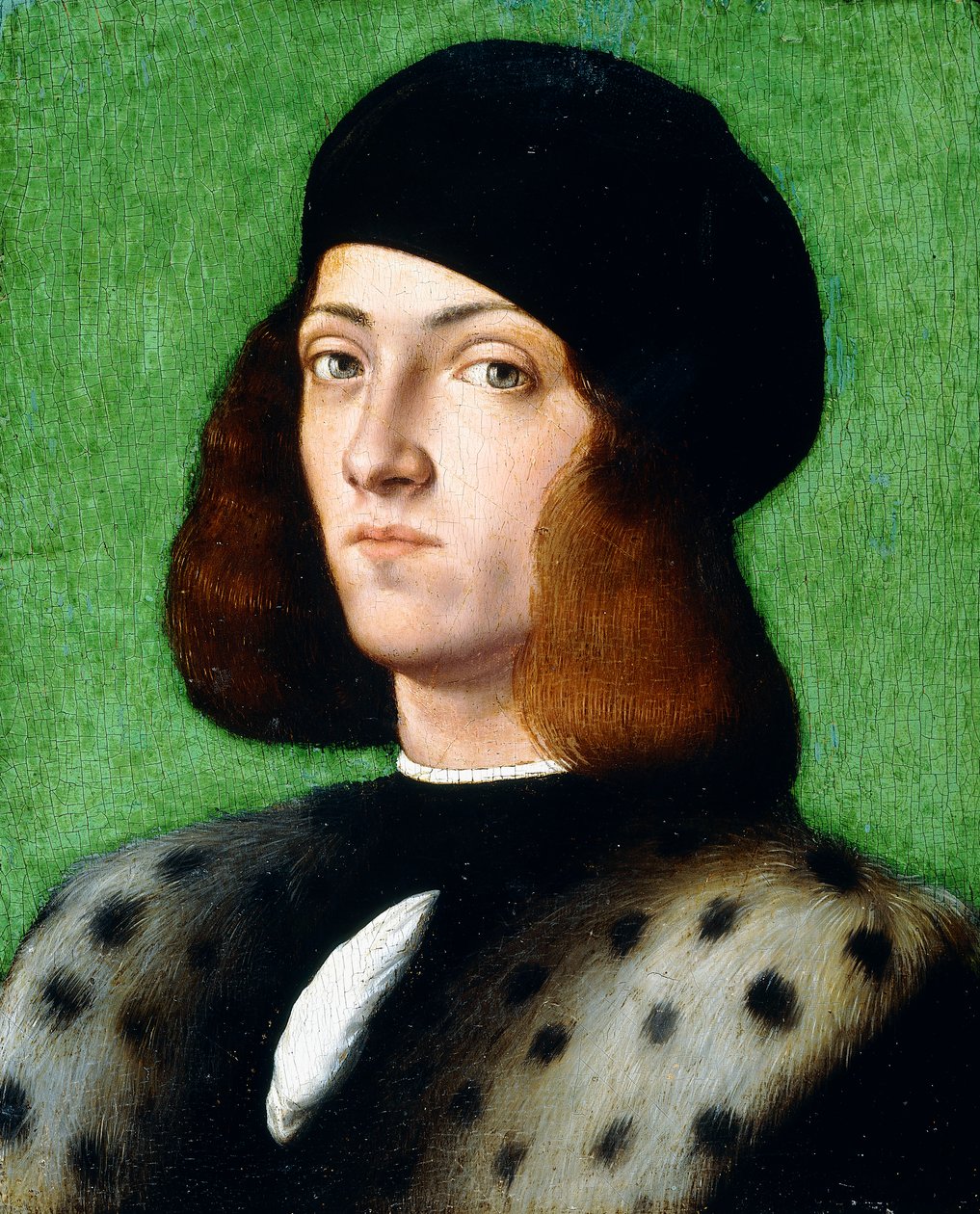 Porträtt av en ung gentleman, bystlång, iklädd svart keps och svart rock, 1506 av Andrea Previtali