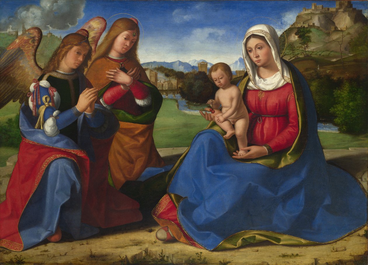 Jungfrun och barnet älskade av två änglar, ca. 1505 av Andrea Previtali