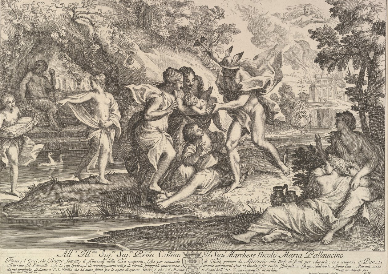 Bacchus som barn gavs av Merkurius till nymfernas vård. av Andrea Procaccini