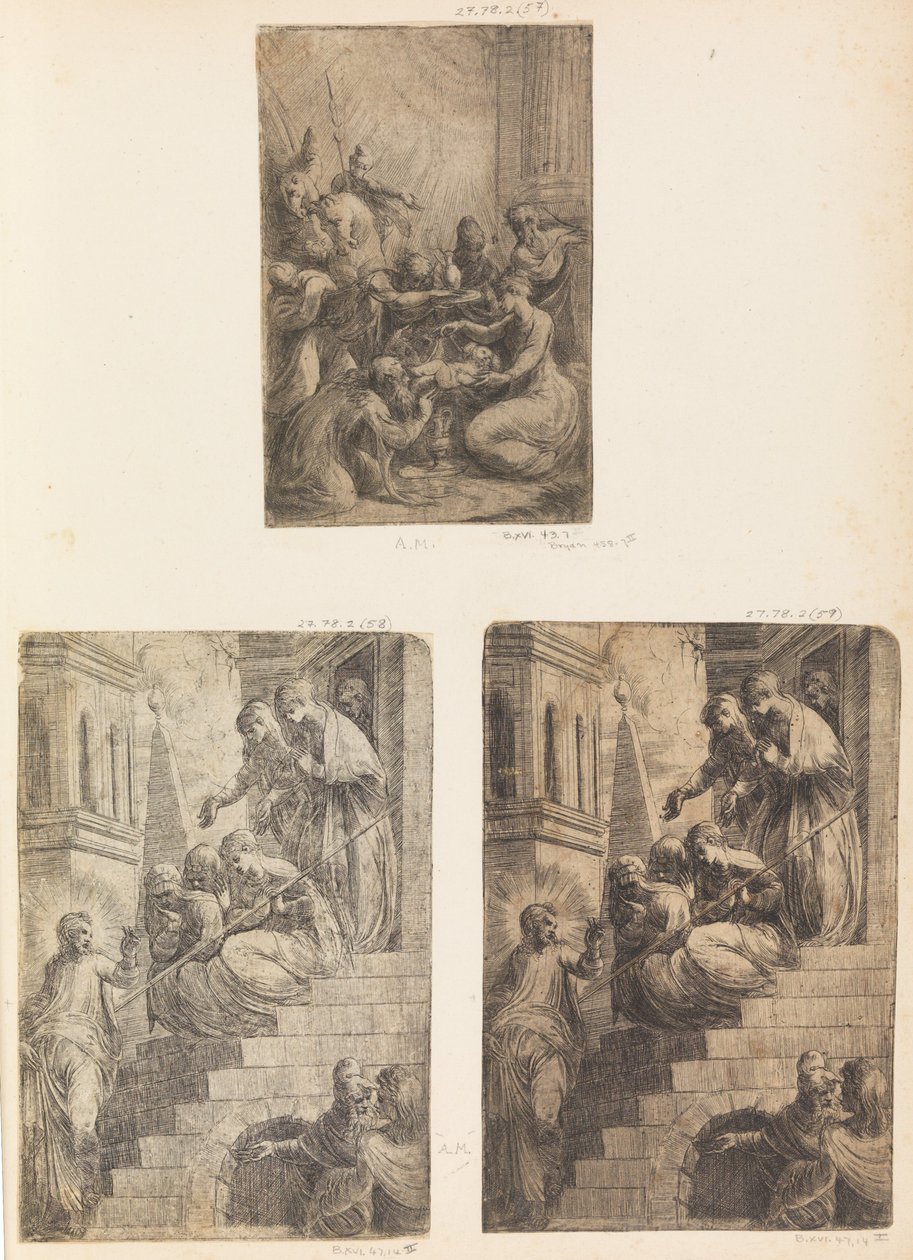 Tillbedjan av männen, Kristus och kvinnorna på trappan, ca. 1541-44. av Andrea Schiavone