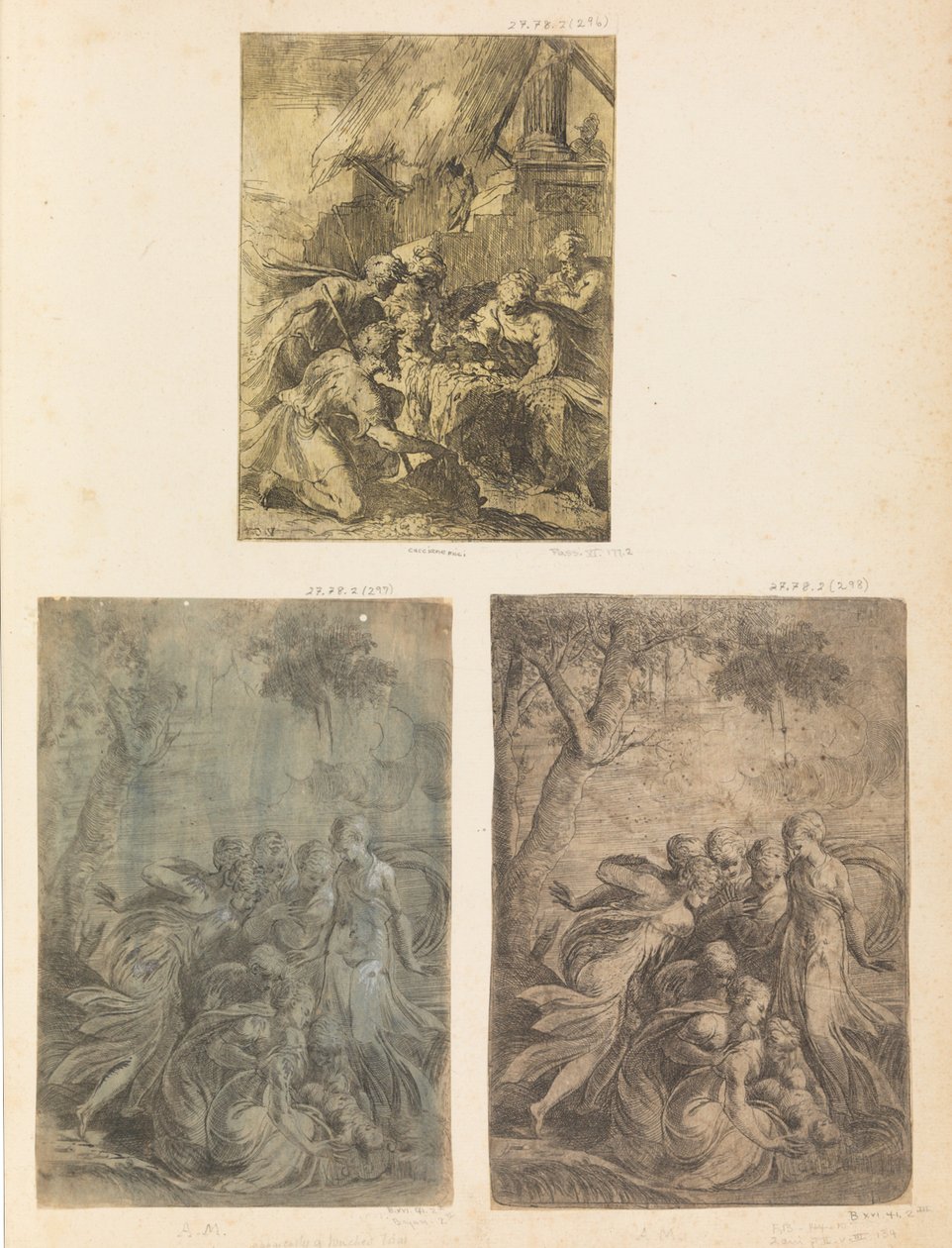 Tillbedjan av herdarna, Moses räddad från Nilen, ca. 1540-44. av Andrea Schiavone