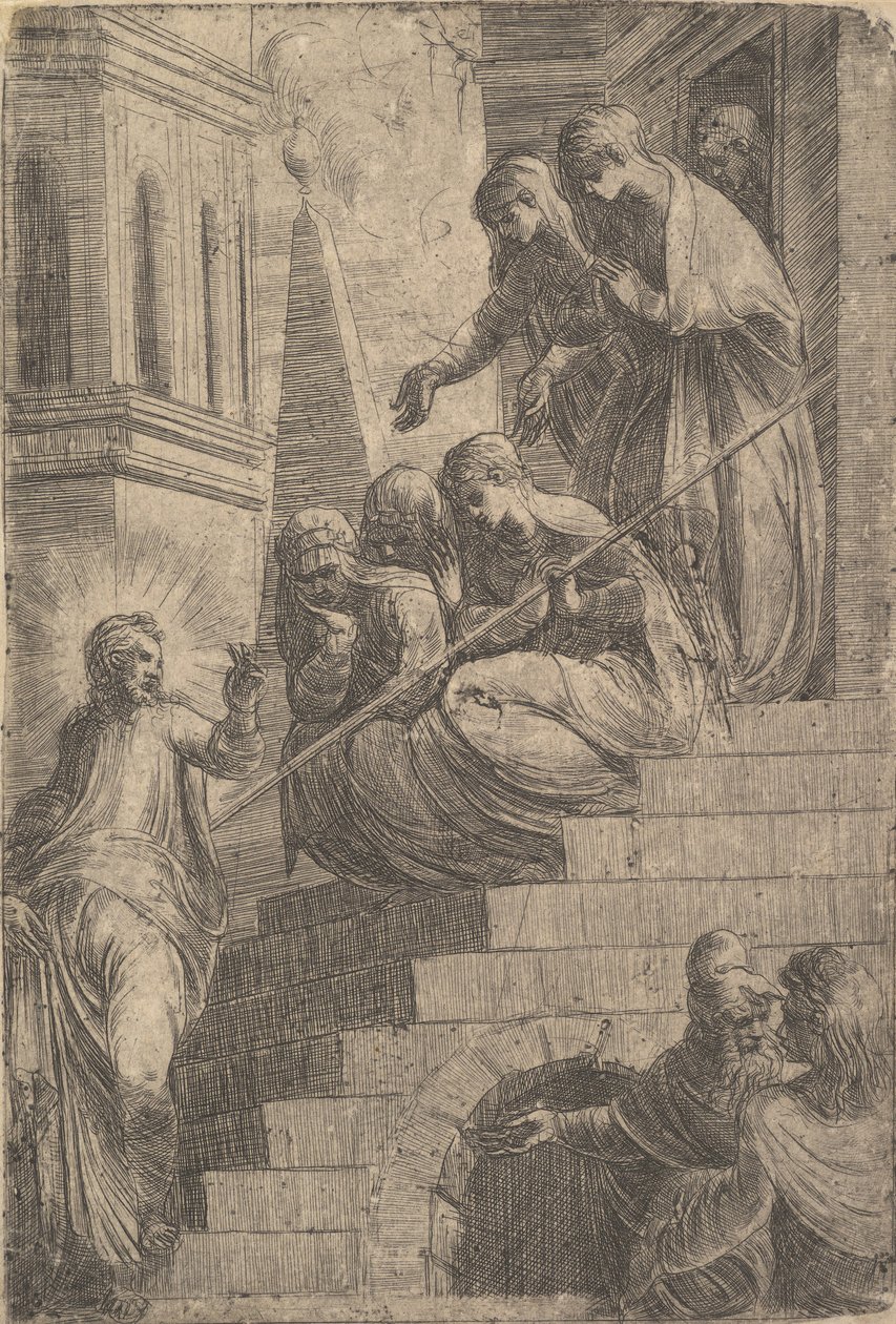 Kristus talar till en grupp kvinnor som sitter och står på trappor, ca. 1541-44. av Andrea Schiavone
