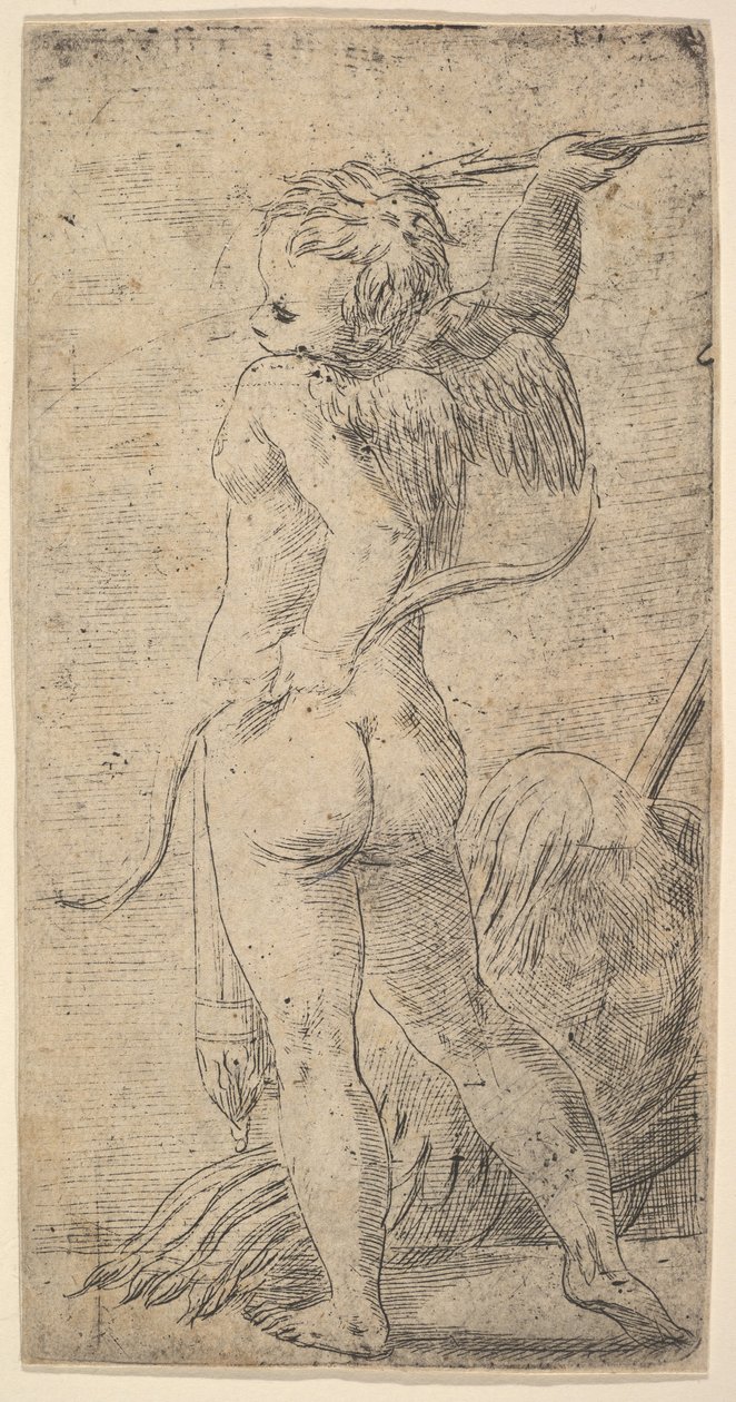 Amor sett bakifrån med en pil i sin upphöjda högra hand, ca. 1543-45. av Andrea Schiavone