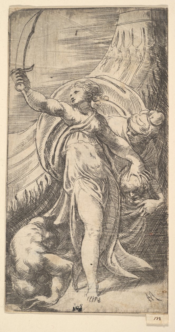 Judith höjde sitt svärd i sin högra hand och placerade Holofernes huvud i sa..., ca. 1542-45. av Andrea Schiavone
