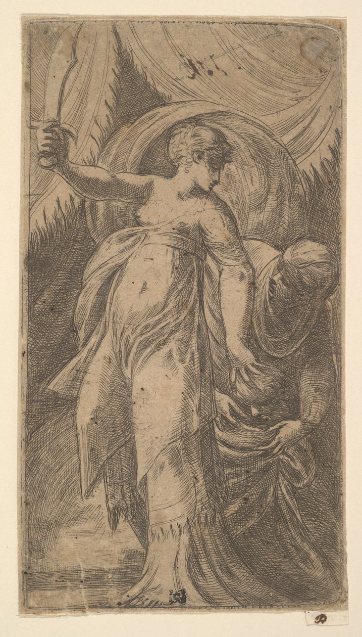 Judith med sitt svärd i höger hand och placerar huvudet på Holofernes i..., ca. 1540-45. av Andrea Schiavone