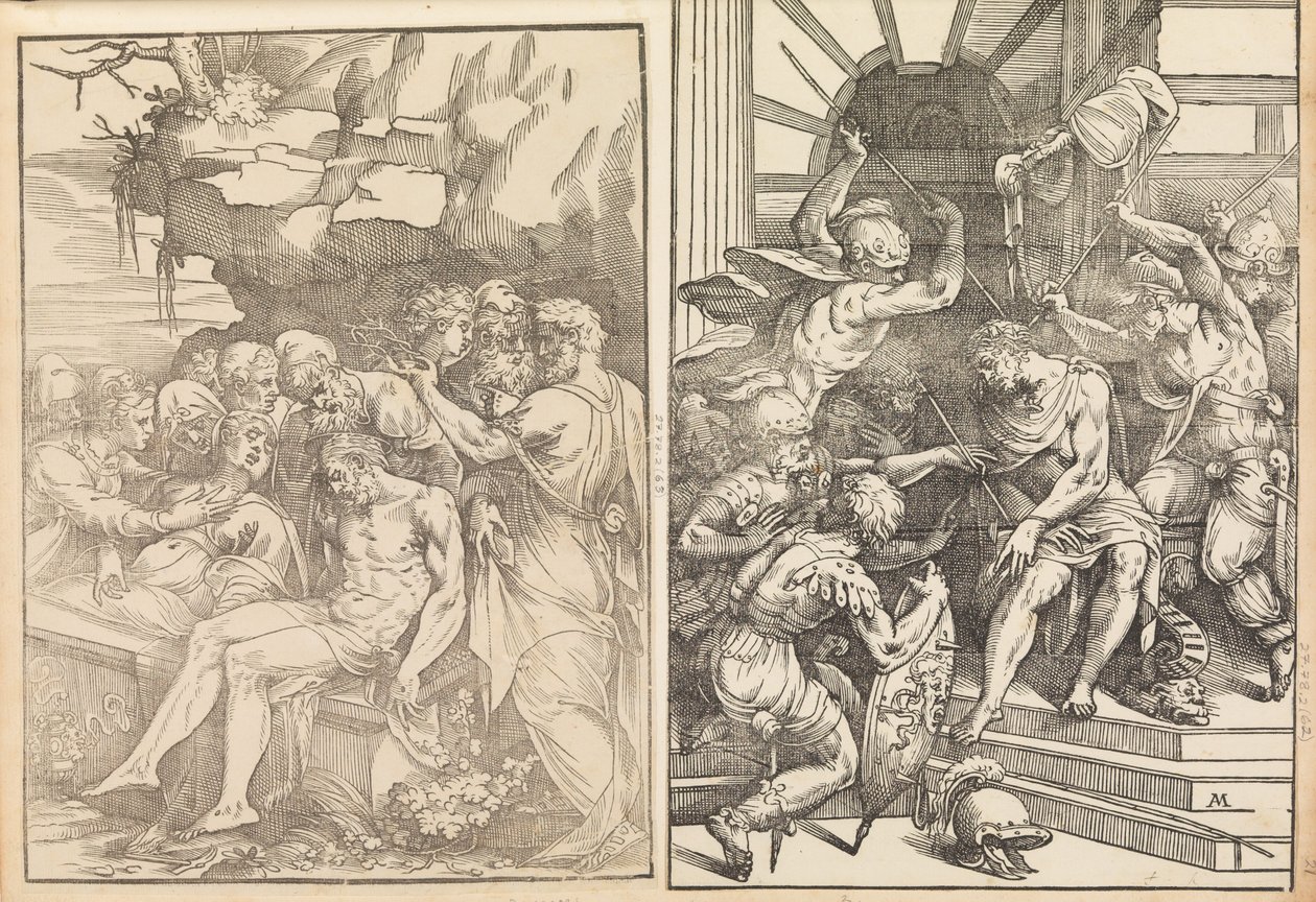 Klagosång över den döde Kristus, Kristus attackeras av soldater, ca. 1556-57. av Andrea Schiavone